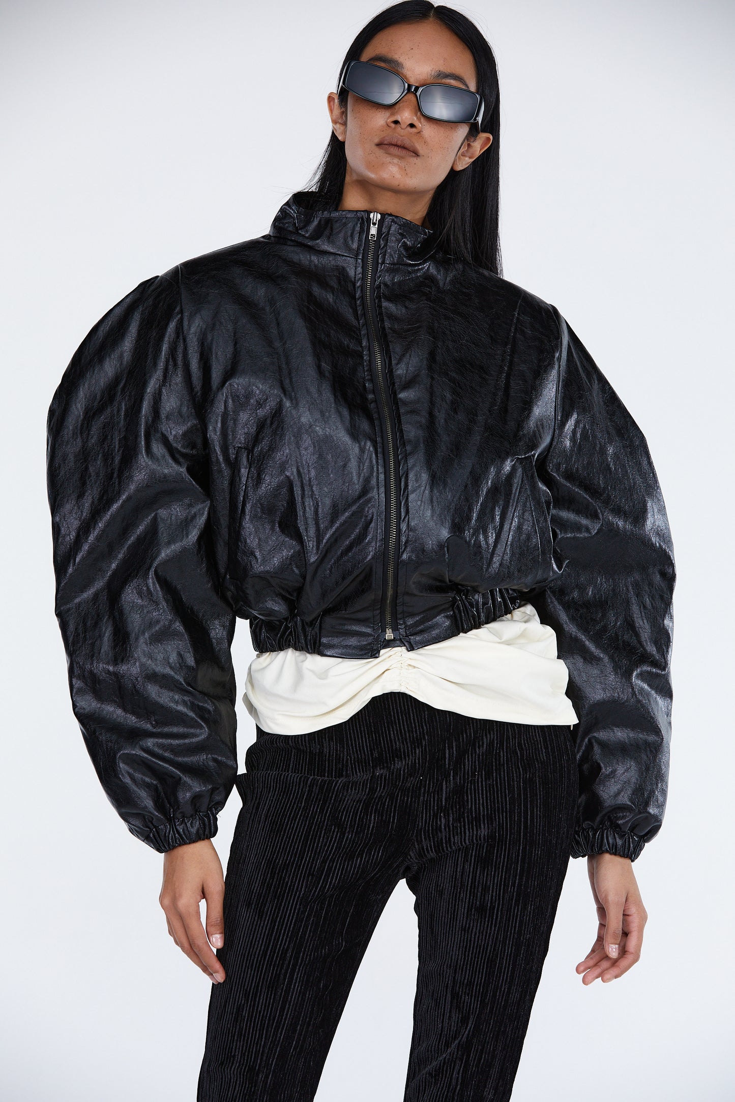 Wide Puffed Leather Bomber Jacket, Black
