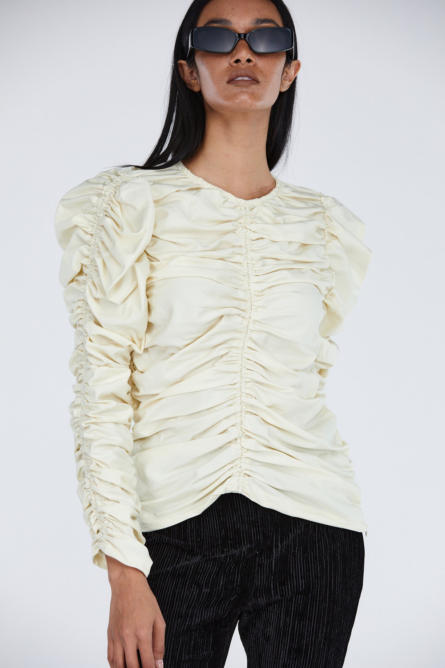 Ruched Cotton Blouse, Ivory