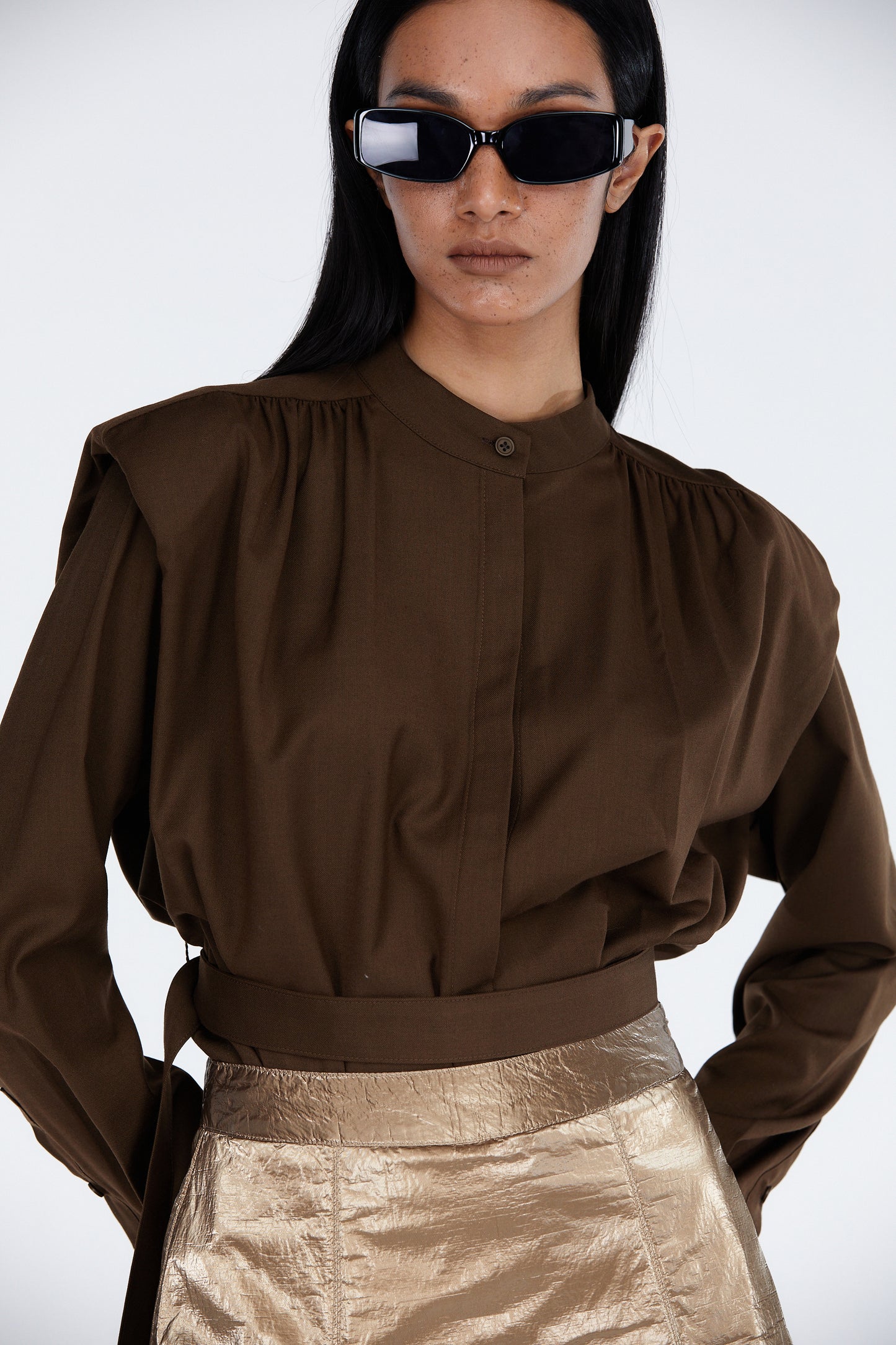 Padded Shoulder Pleated Shirt, Brown