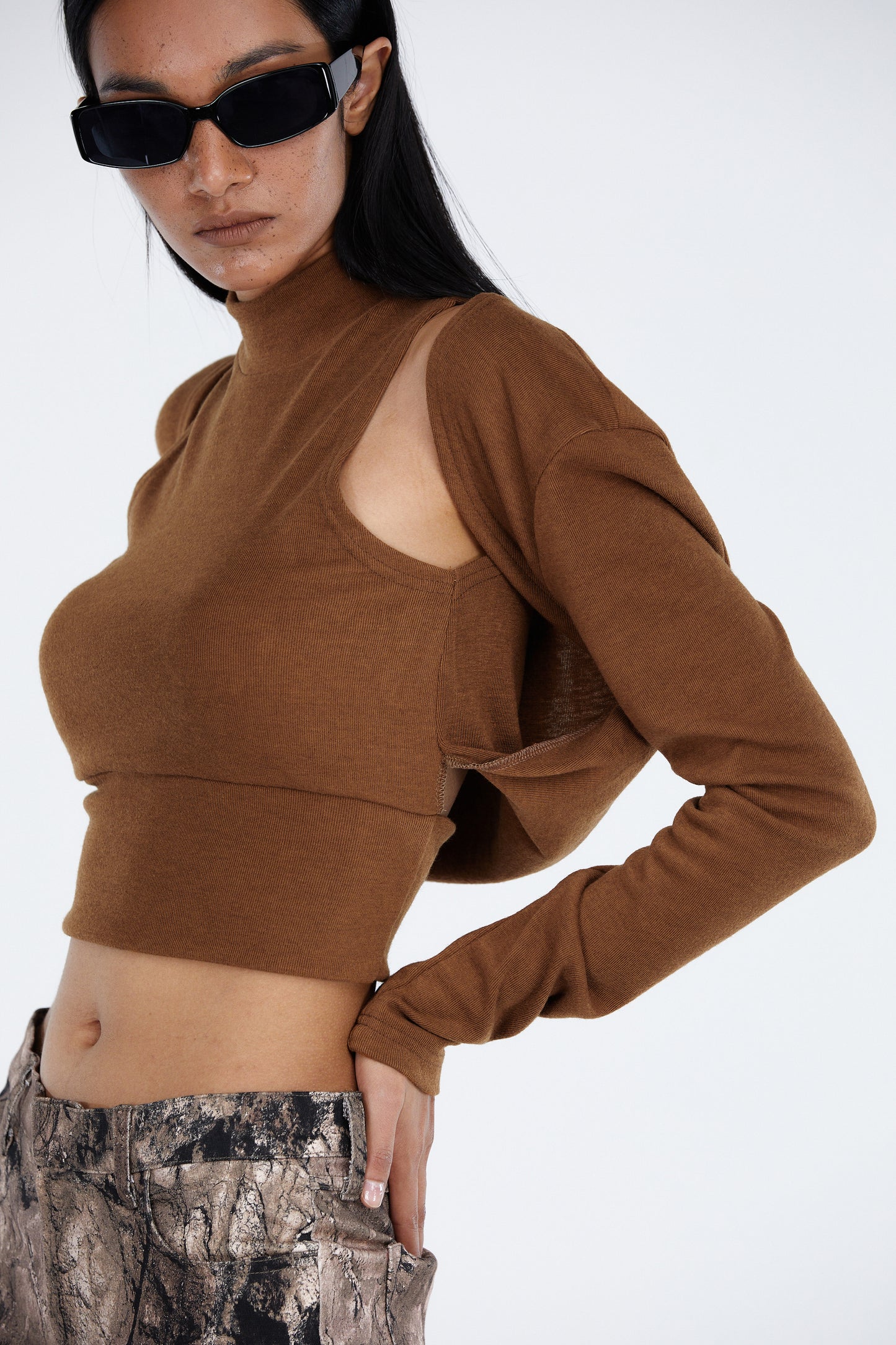 Turtleneck Top with Attached Cardigan, Camel