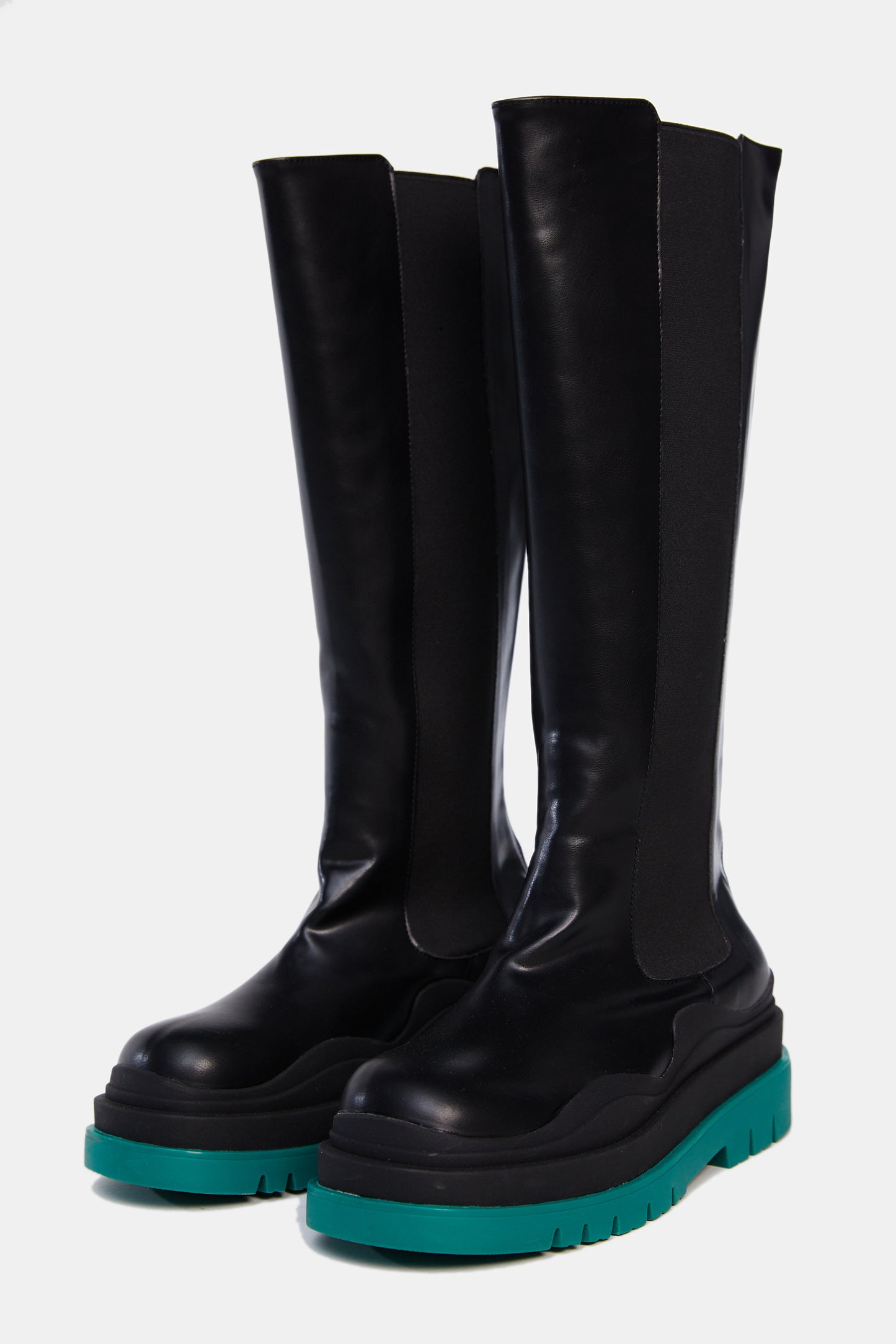 Lug Sole High Knee Boots, Turquoise & Black