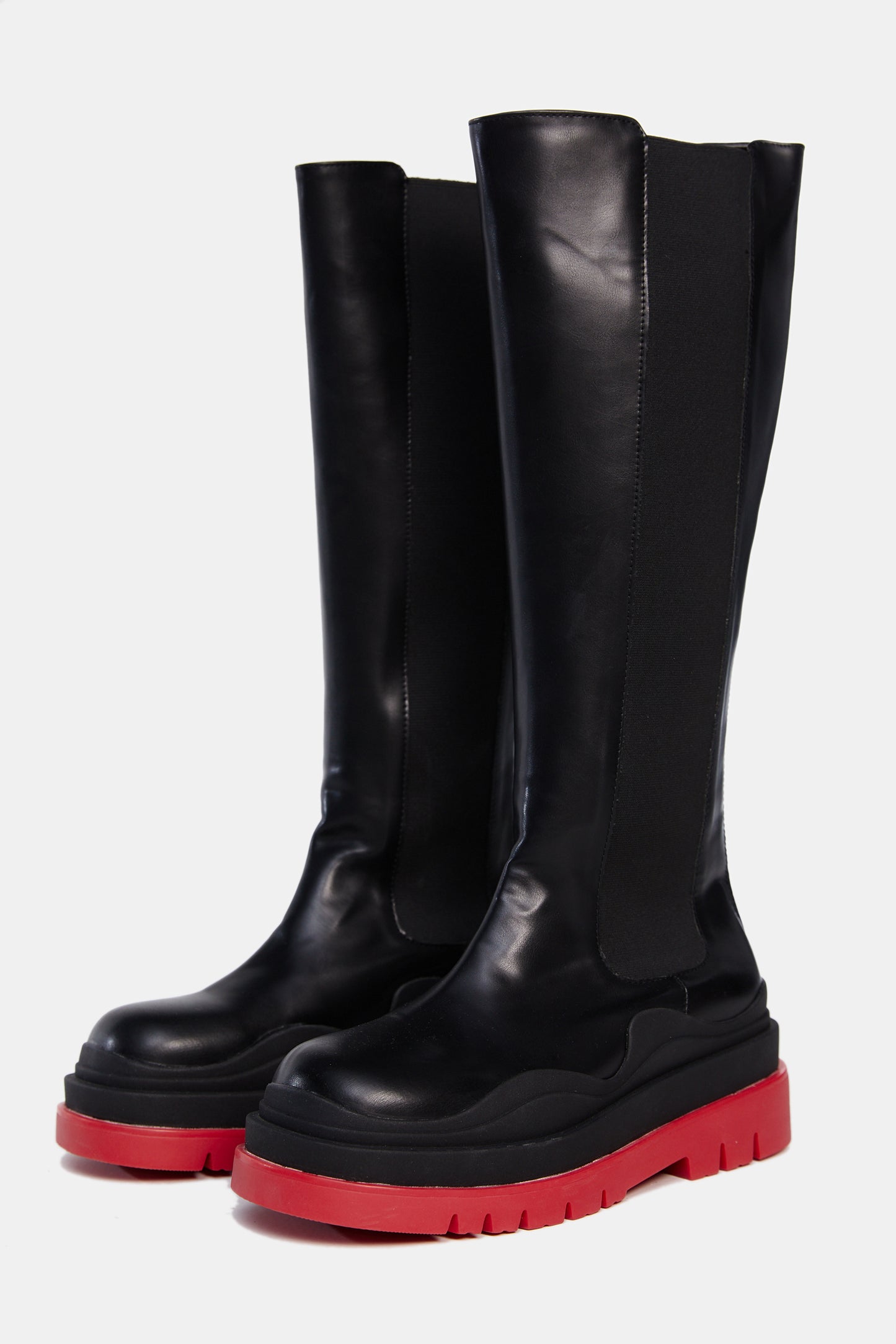 Lug Sole High Knee Boots, Red & Black