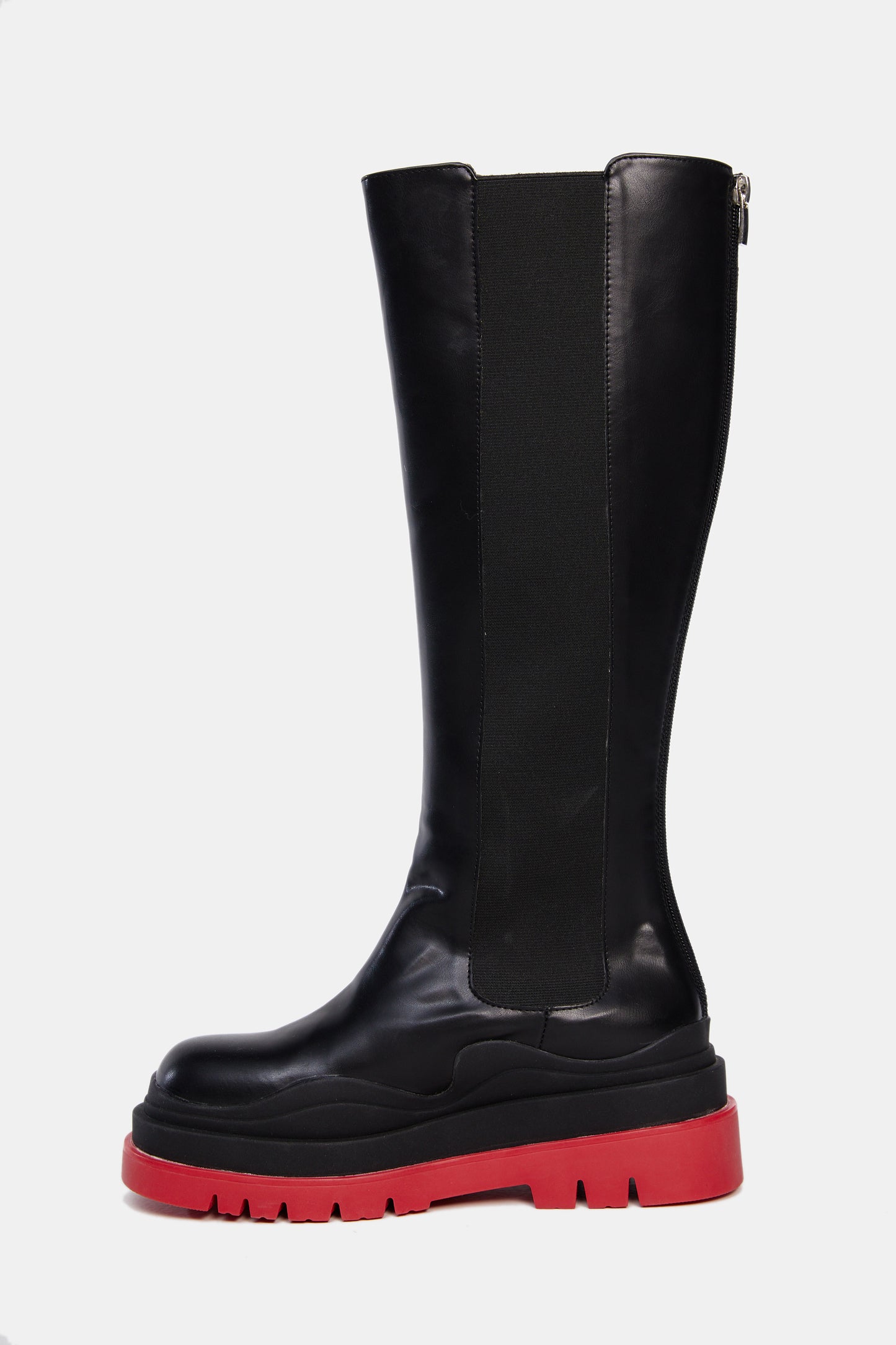 Lug Sole High Knee Boots, Red & Black