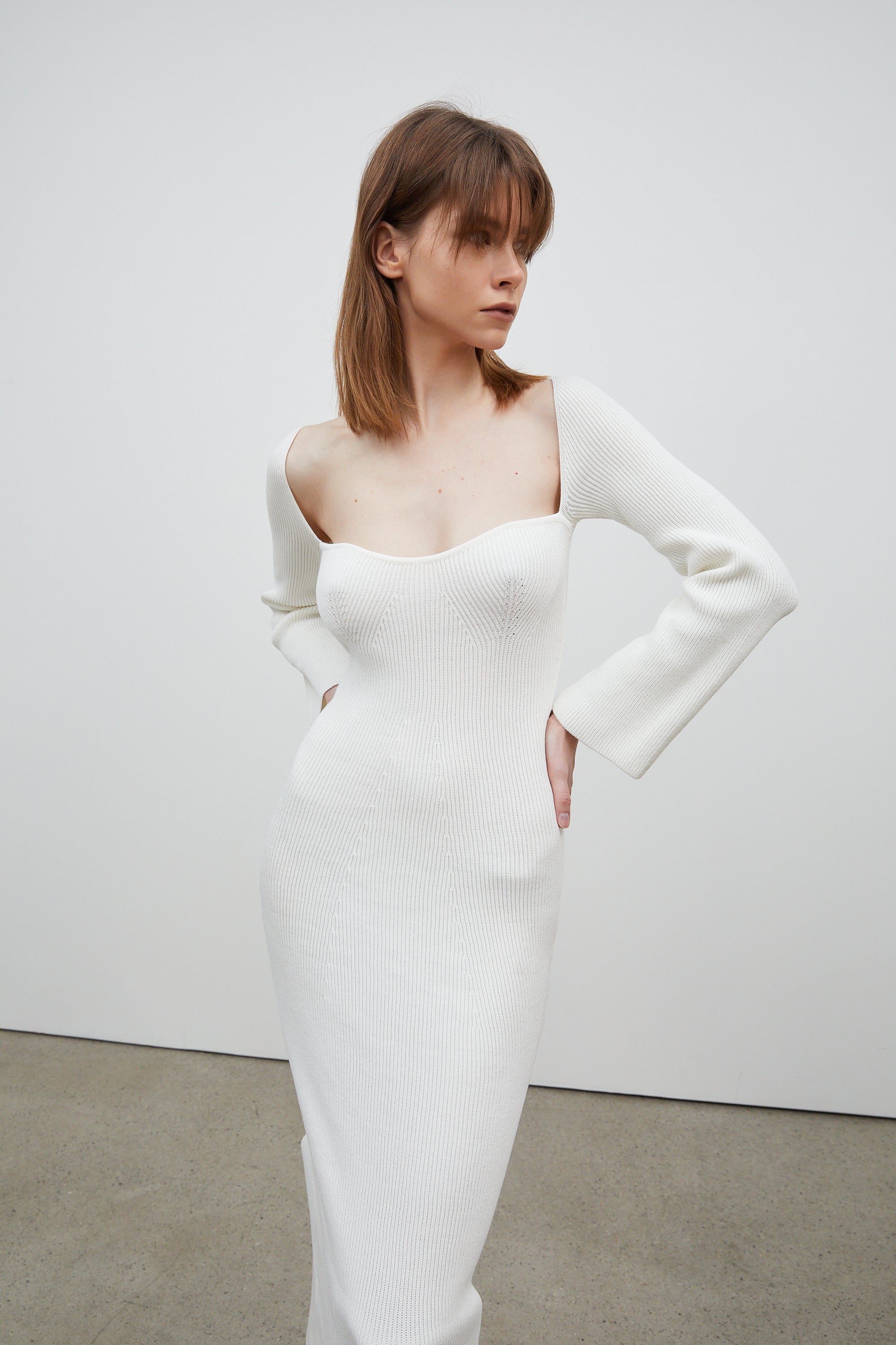 Sweetheart Neckline Long Knit Dress, Ivory – SourceUnknown