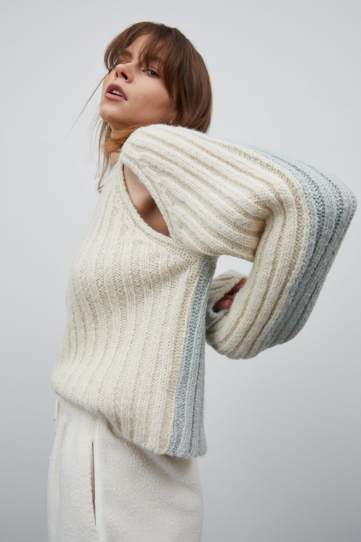 Cut-Out Bicolor Ribbed Sweater, Cream & Blue