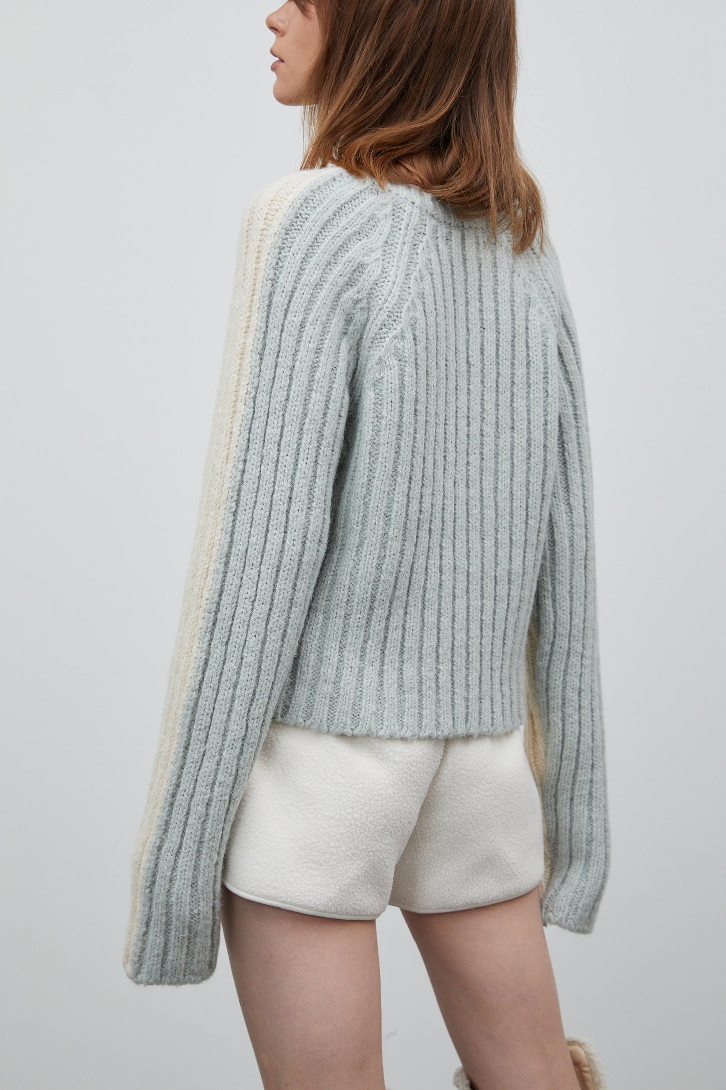 Cut-Out Bicolor Ribbed Sweater, Cream & Blue