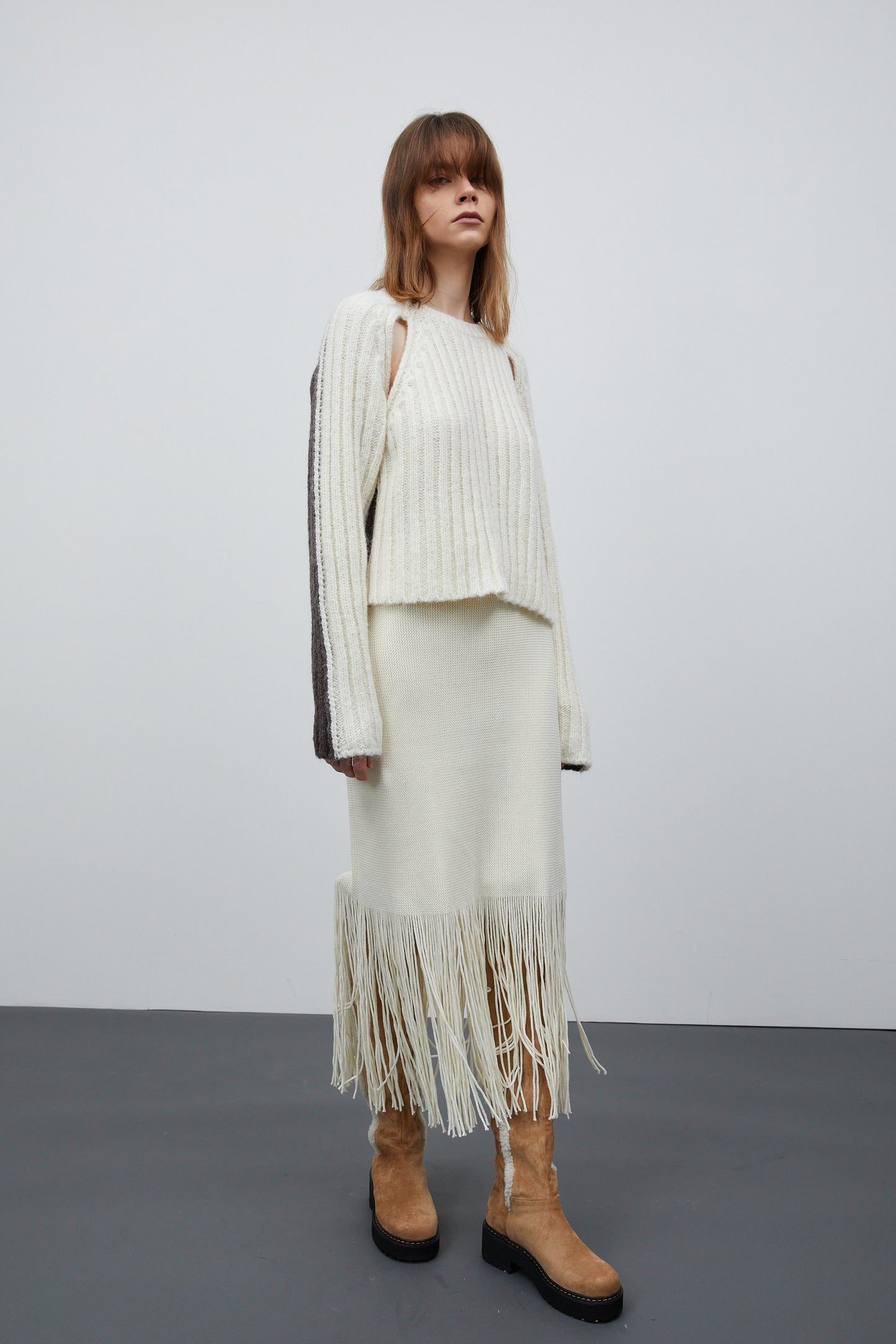 Cut-Out Bicolor Ribbed Sweater, White & Brown