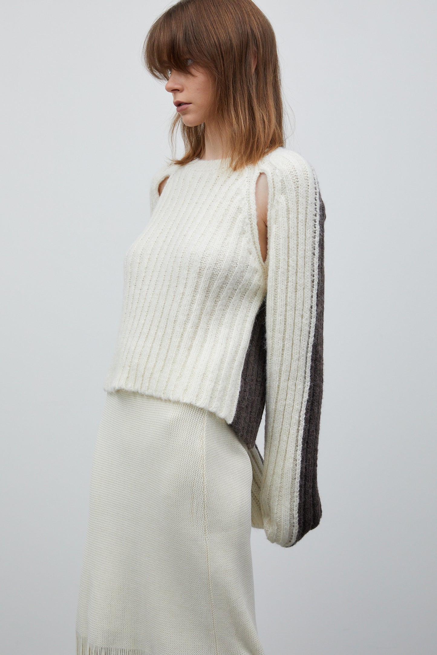 Cut-Out Bicolor Ribbed Sweater, White & Brown