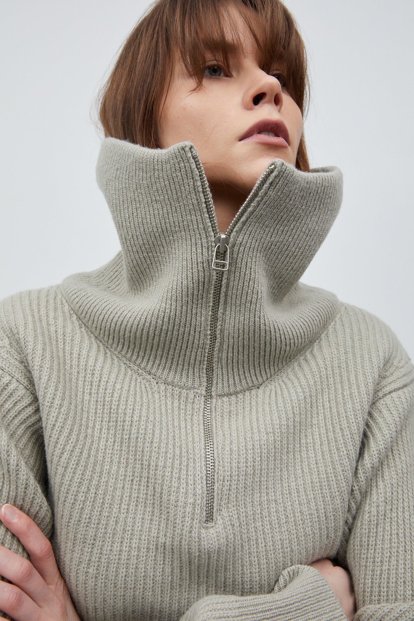 Half Zip Ribbed Wool Sweater, Olive Khaki
