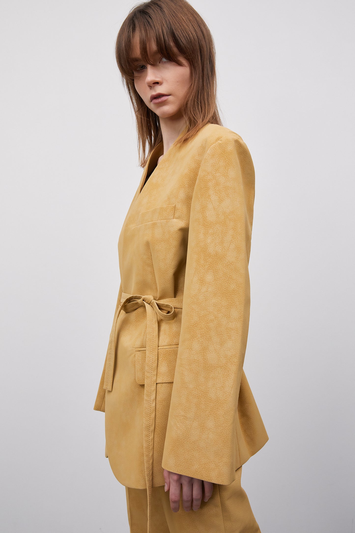 Suede Leather Collarless Belted Blazer, Butter