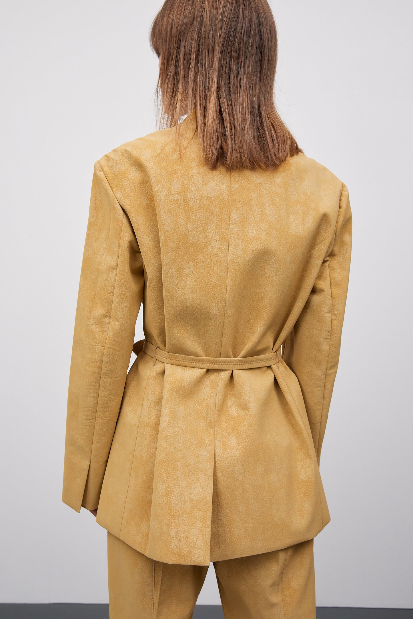 Suede Leather Collarless Belted Blazer, Butter