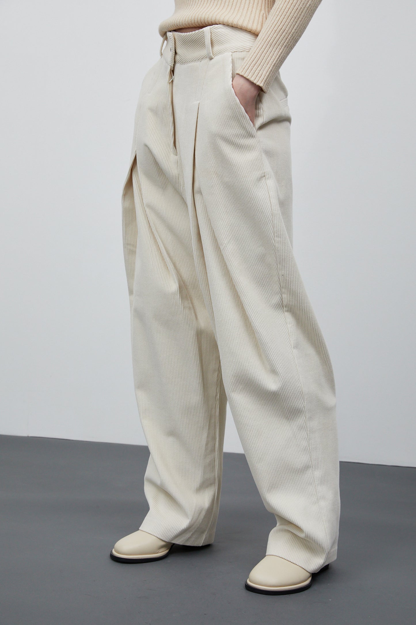Corduroy Wide Pleat Front Trousers, Ivory