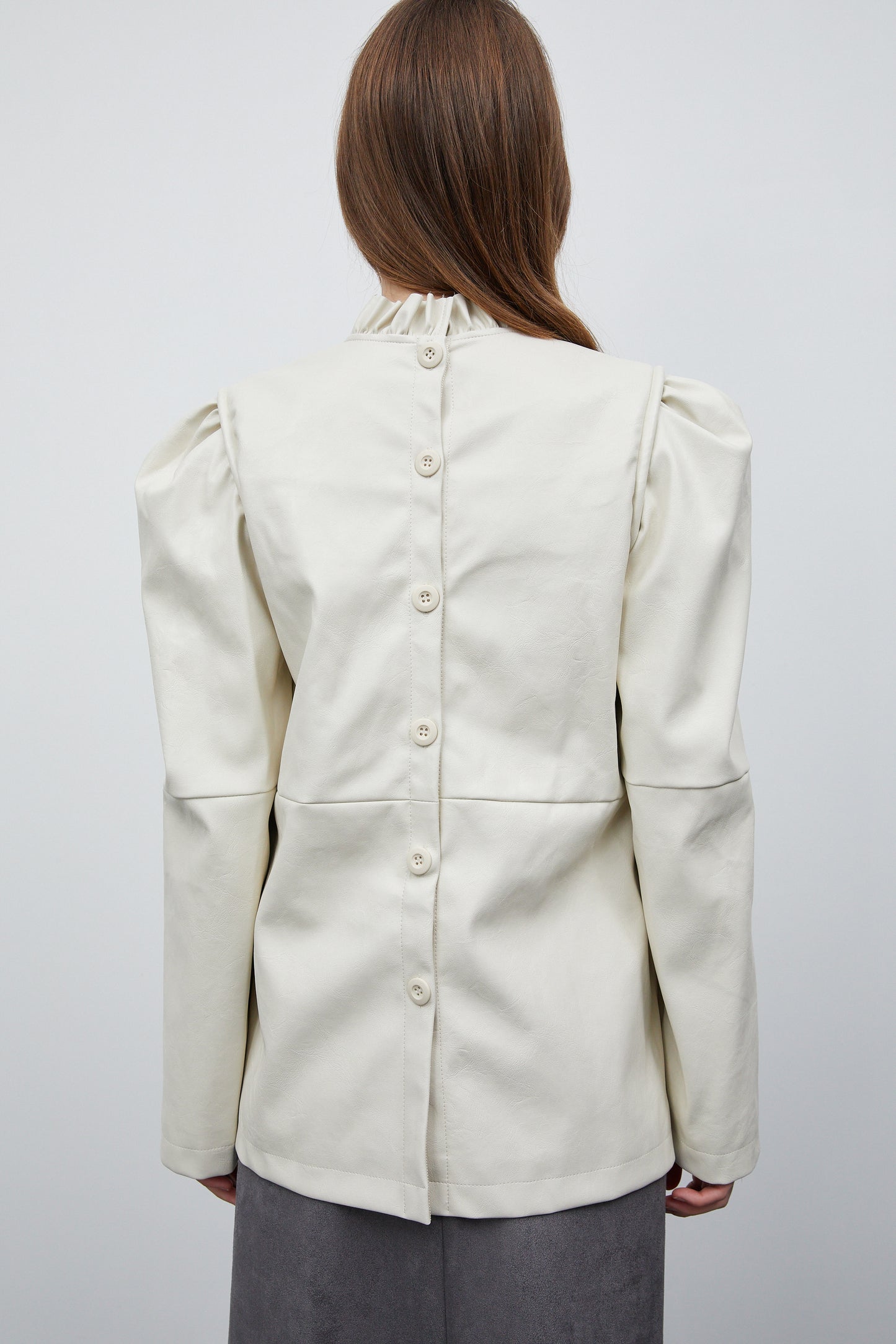 Puffed Sleeves Leather Blouse, Ivory