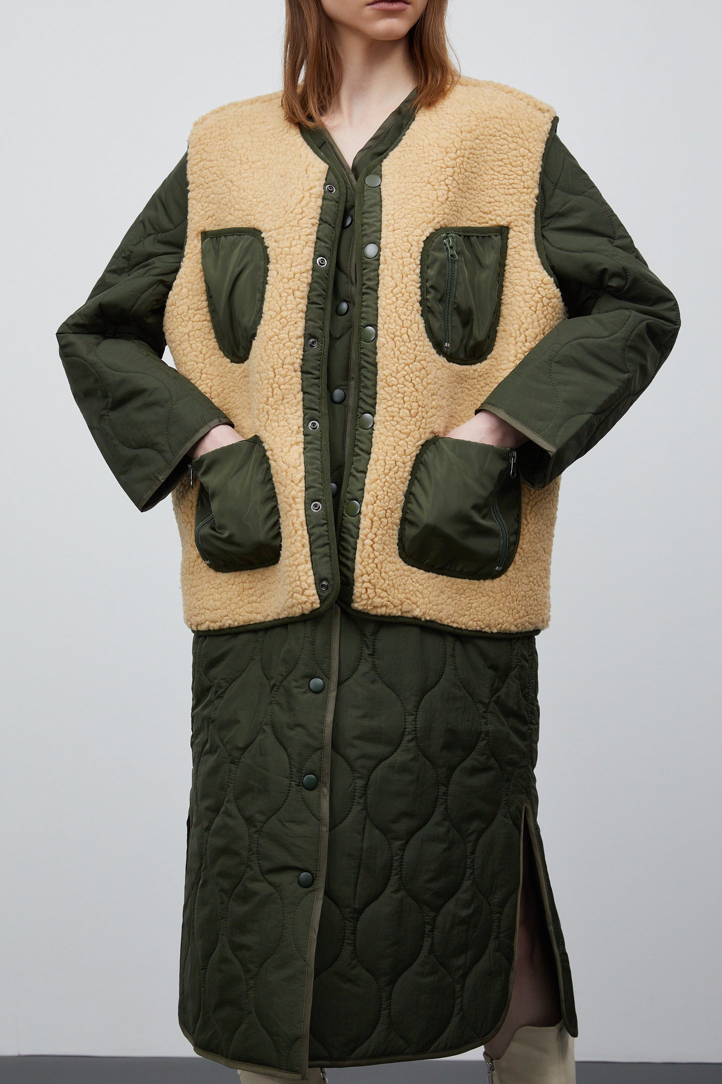 Quilted Coat And Shearing Vest Set, Khaki