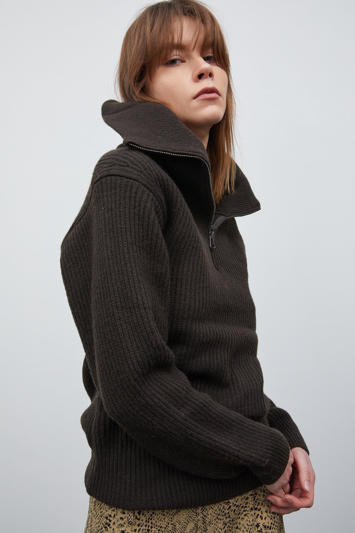 Half Zip Ribbed Wool Sweater, Dark Brown