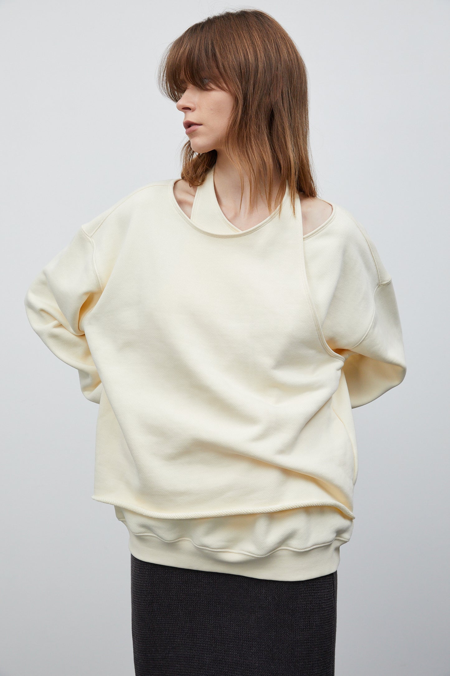 Double Asymmetric Layer Sweatshirt, Cream