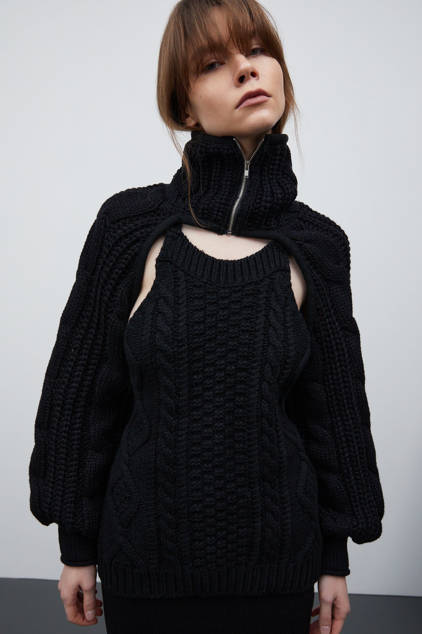 Cable Knit Zip Sleeve Scarf, Black