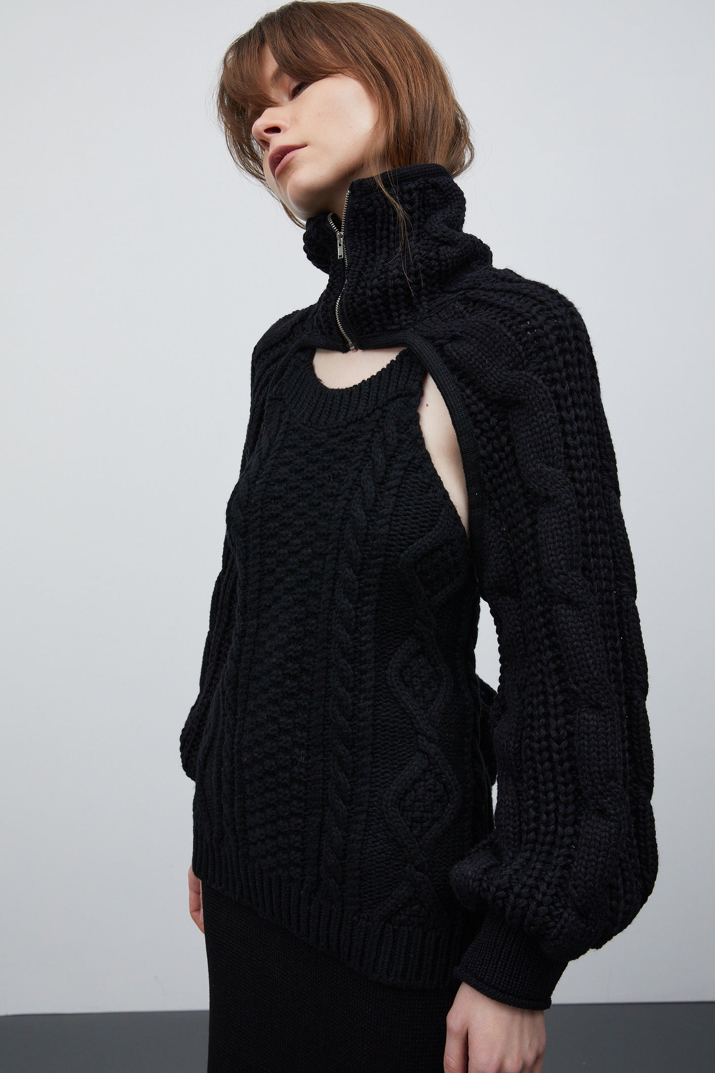 Cable Knit Zip Sleeve Scarf, Black