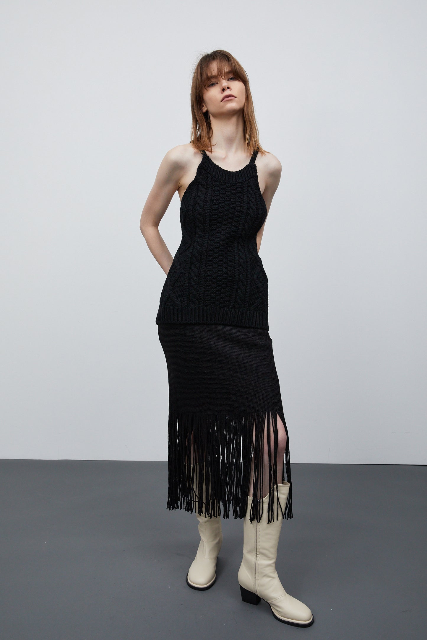 Fringe Knit Skirt, Black