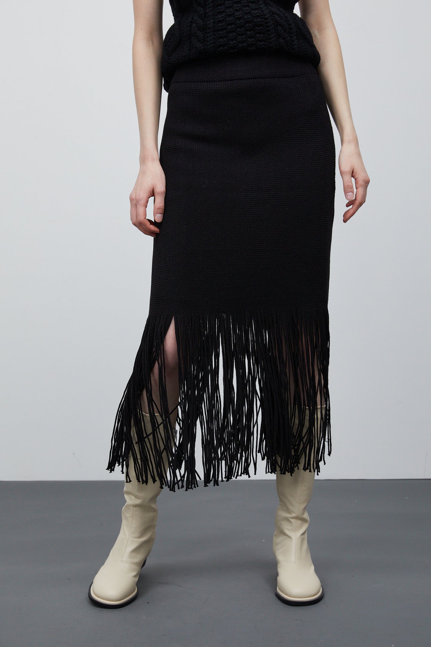 Fringe Knit Skirt, Black