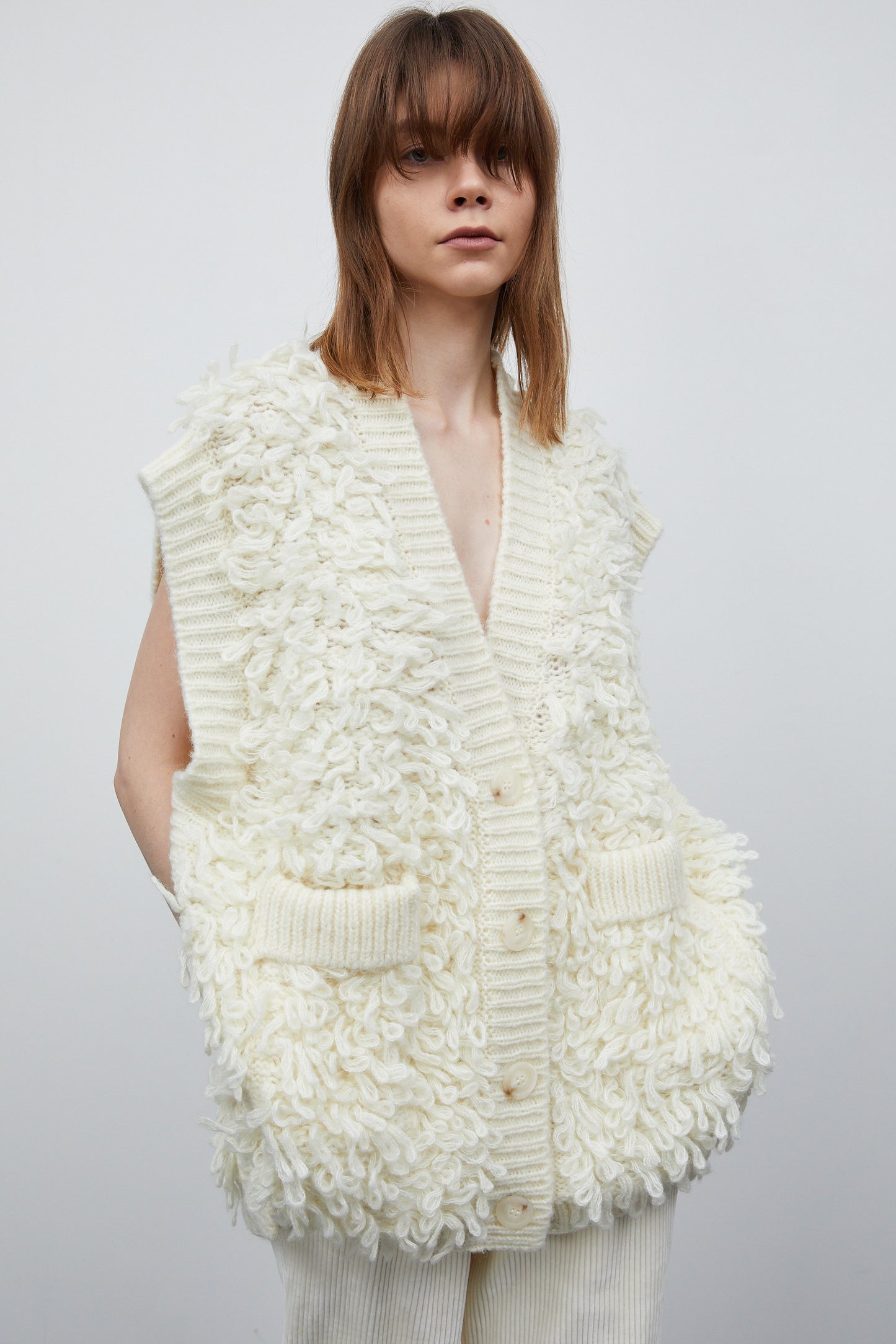Chunky Fur Knit Vest, Ivory