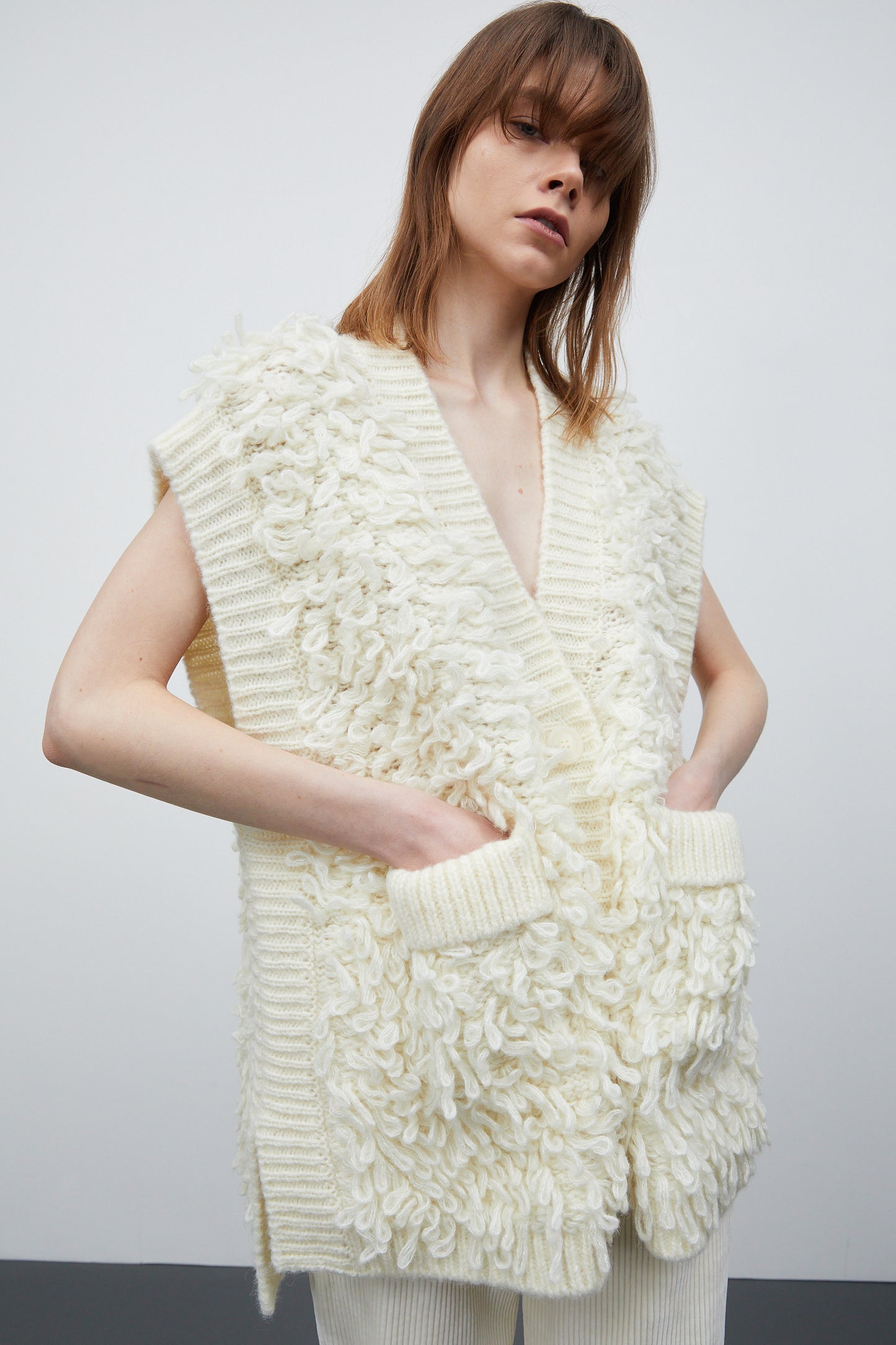 Chunky Fur Knit Vest, Ivory