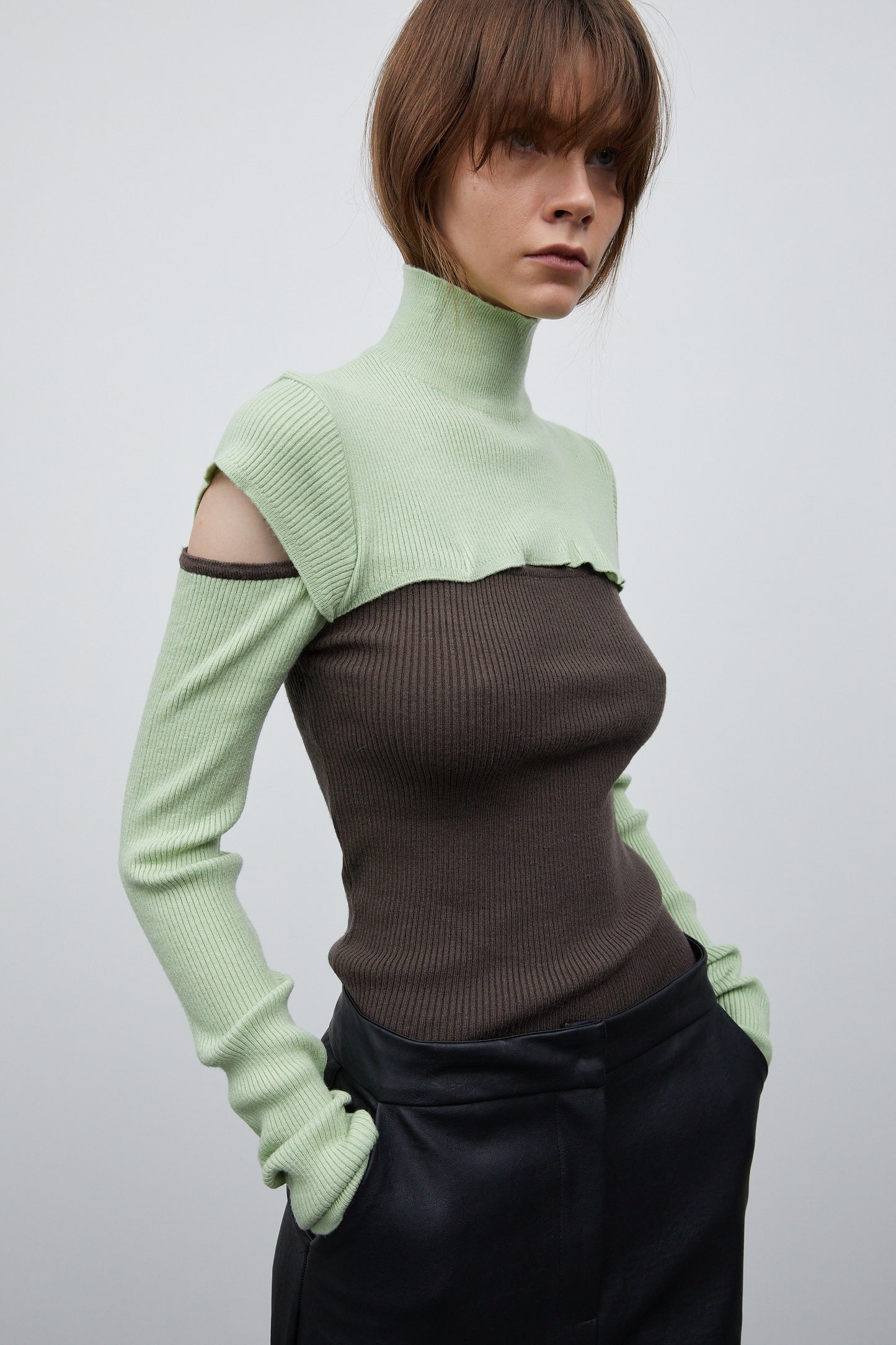 Ribbed Cut Out Turtleneck Top, Mint & Brown