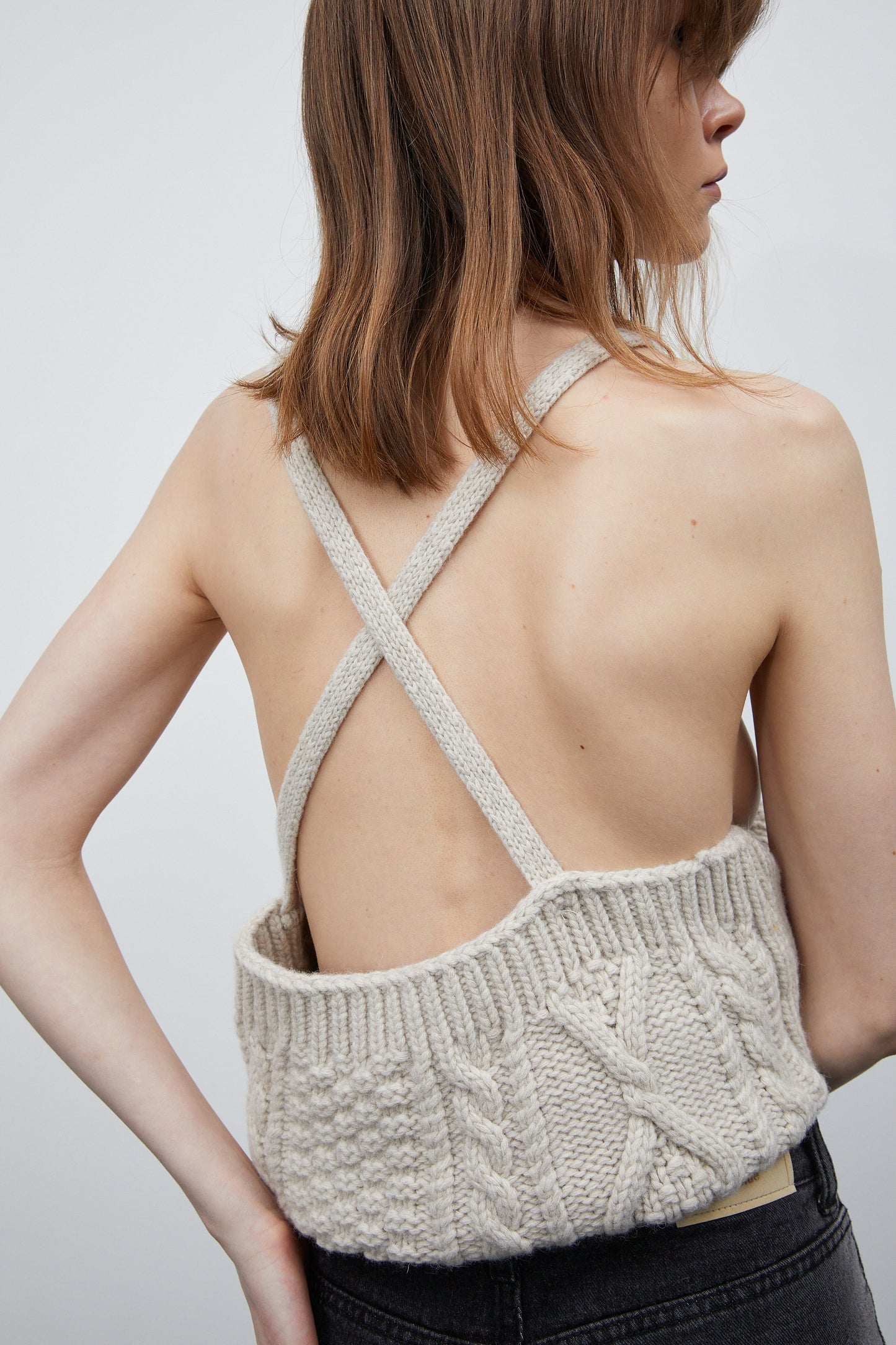 Cross Open Back Cable Knit Tank, Taupe