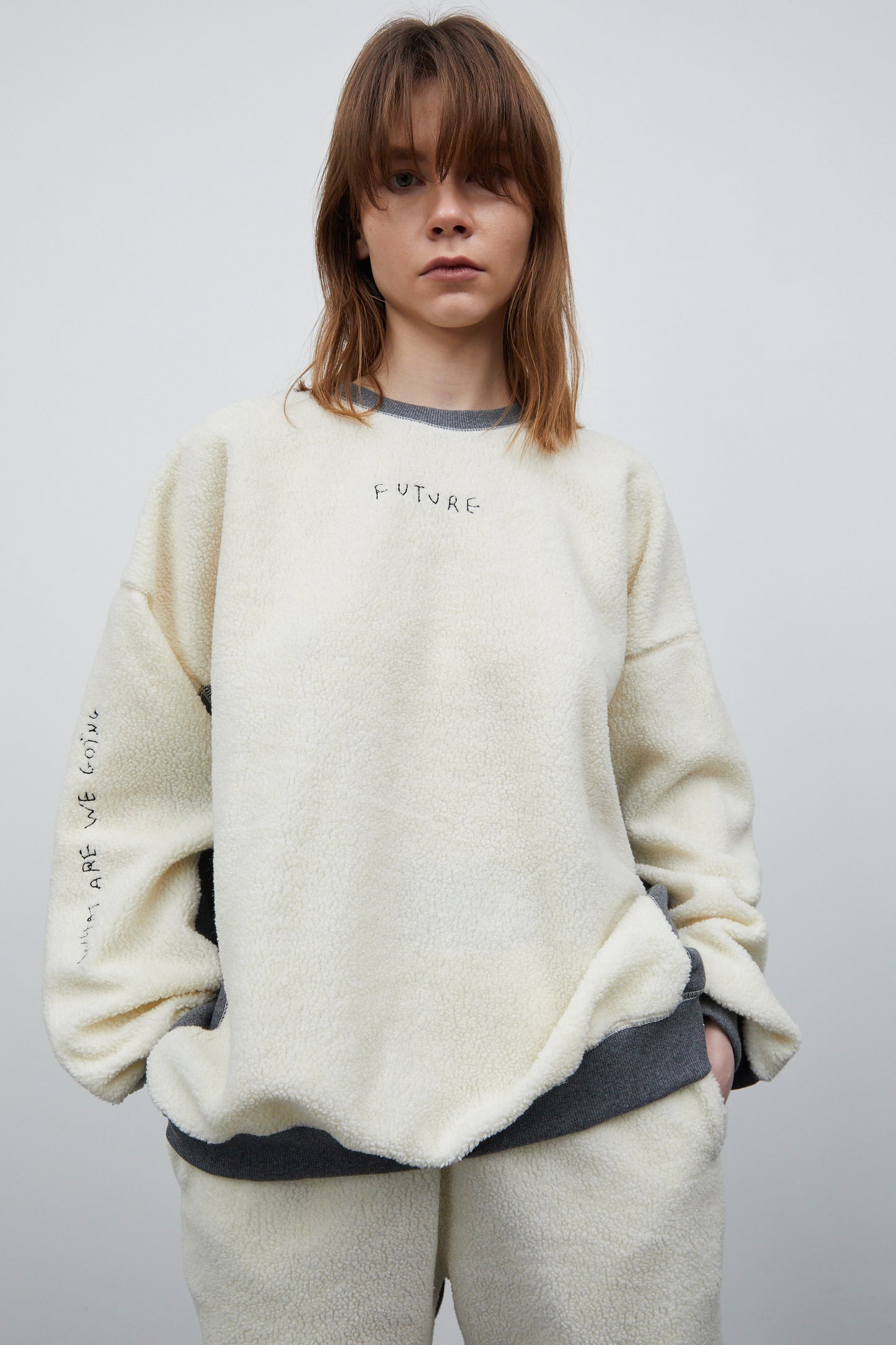 Embroidered Lettering Shearling Sweatshirt, Cream & Grey