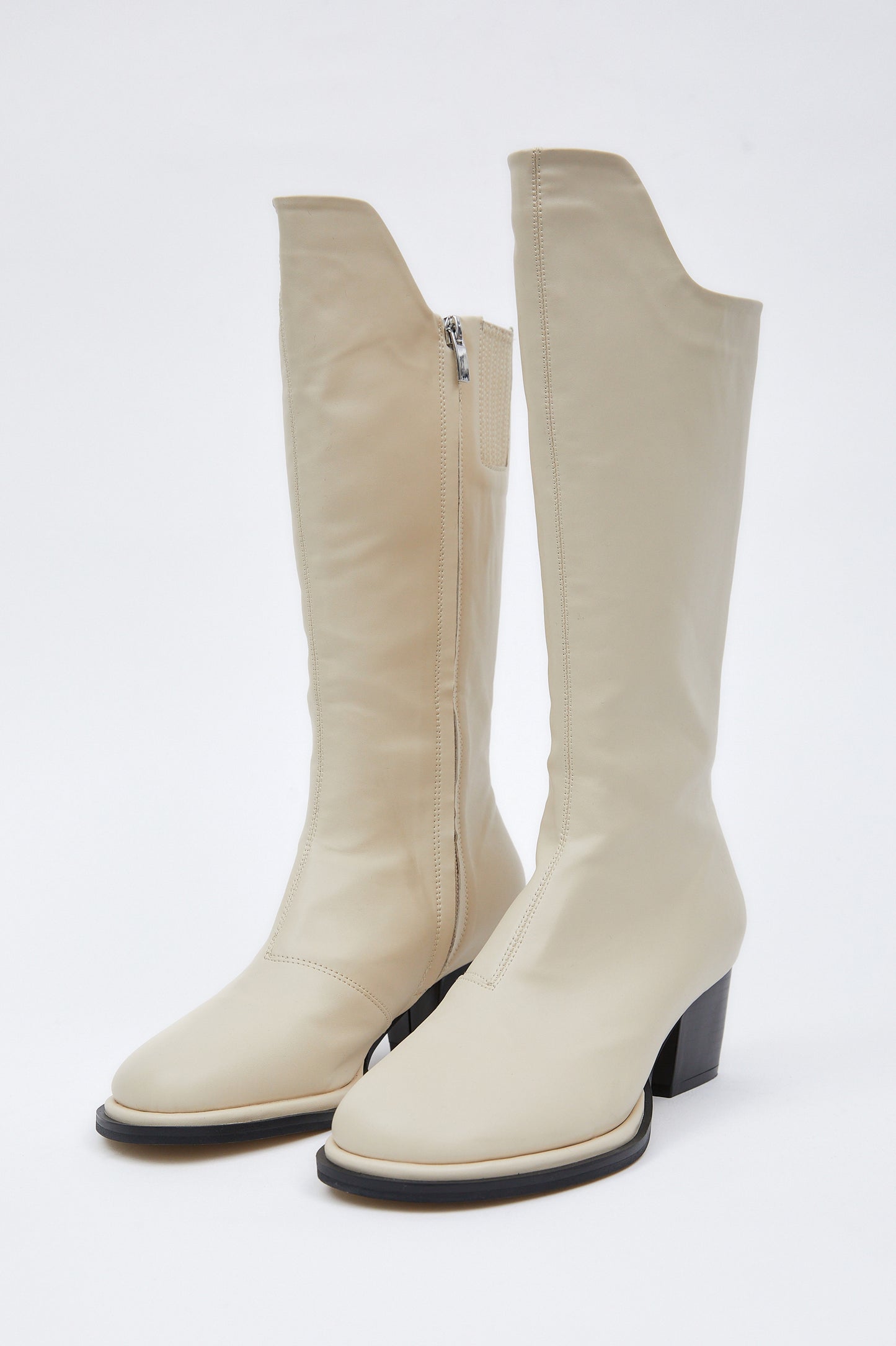 Cut Out Long Leather Boots, Cream
