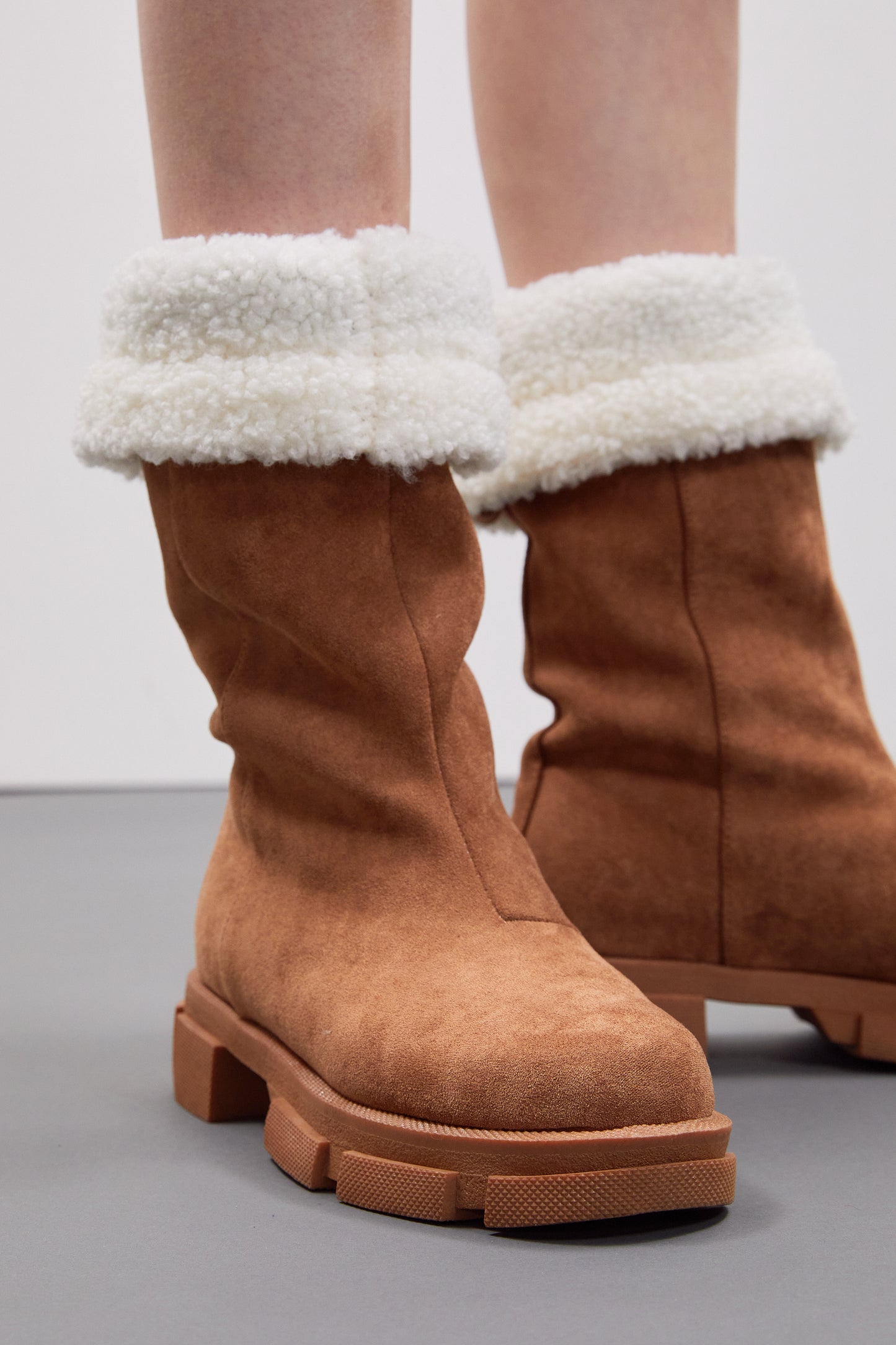 Faux Suede Shearling Platform Boots, Brown