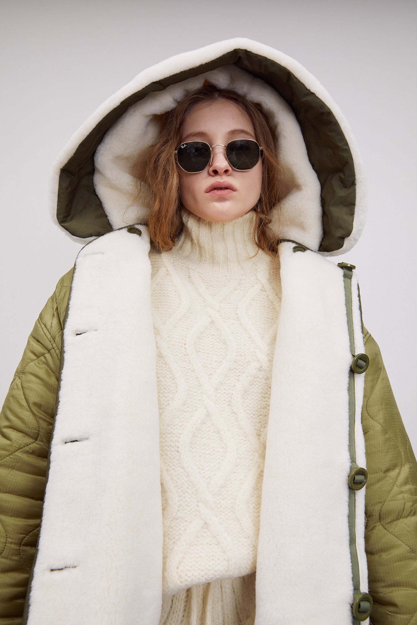 Reversible Quilted Shearling Parka, Khaki