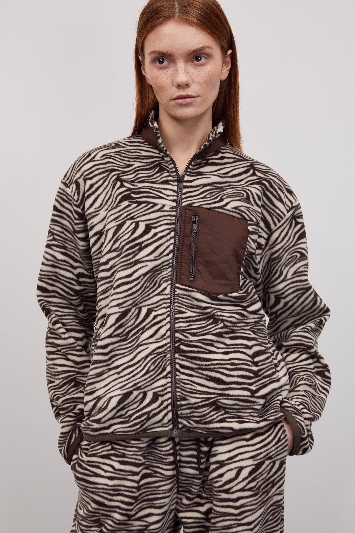 Zebra Print Fleece Zip-Up Jacket, Brown