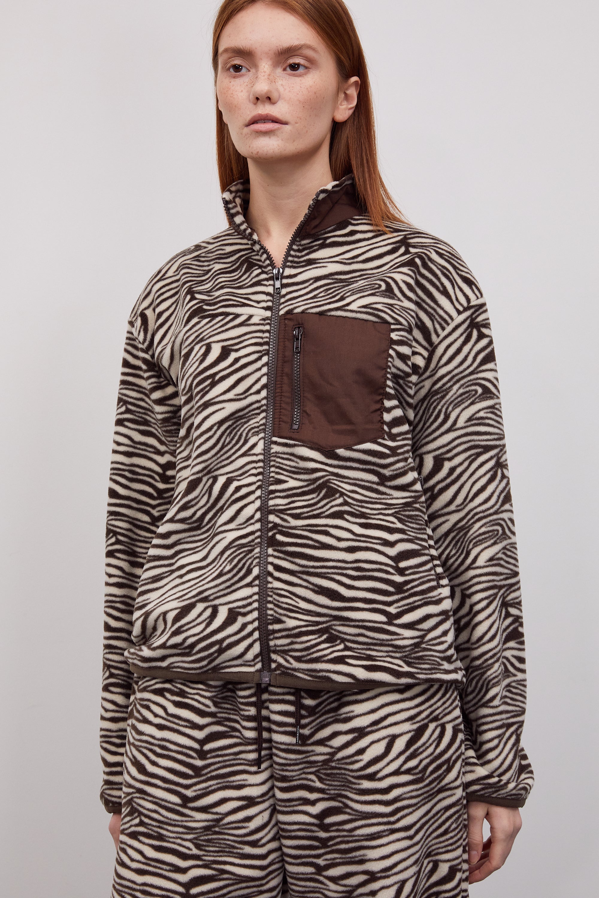 Zebra Print Fleece Zip-Up Jacket, Brown
