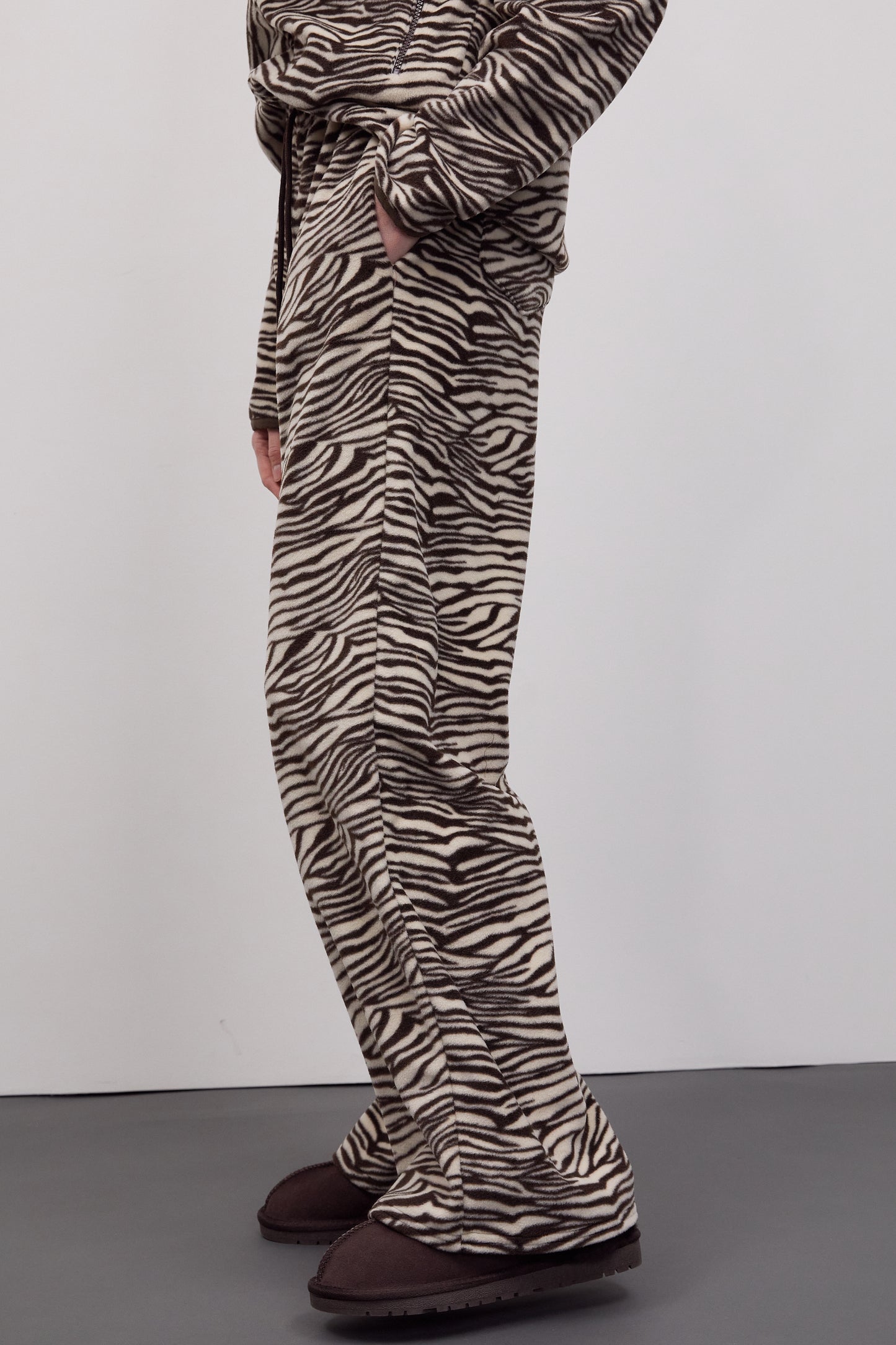 Zebra Print Fleece Pants, Brown