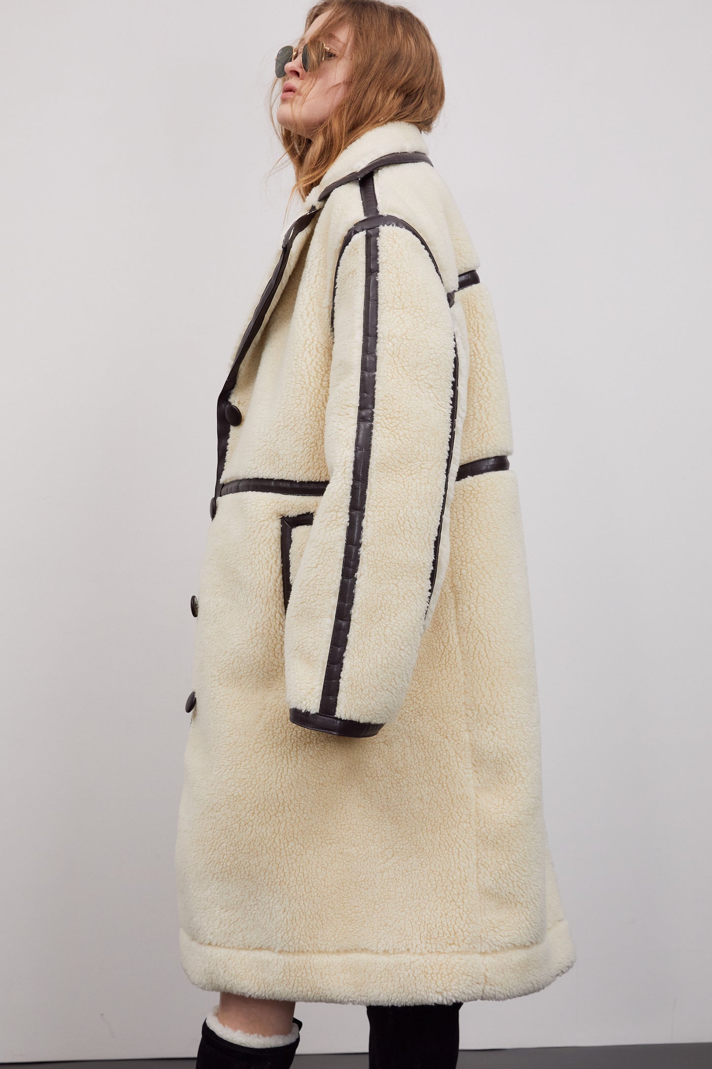 Leather-Trimmed Shearling Coat, Ivory