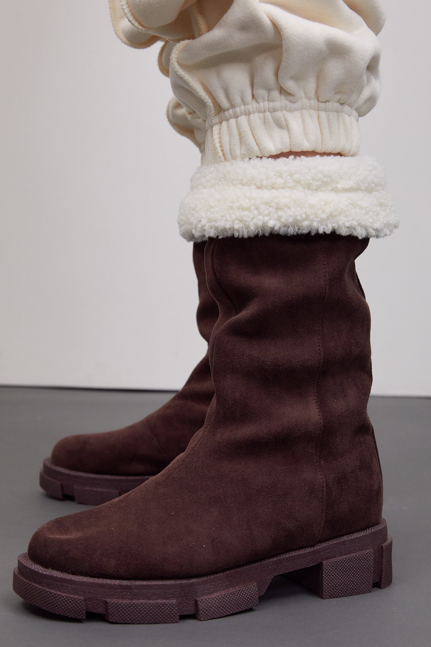Faux Suede Shearling Platform Boots, Chocolate