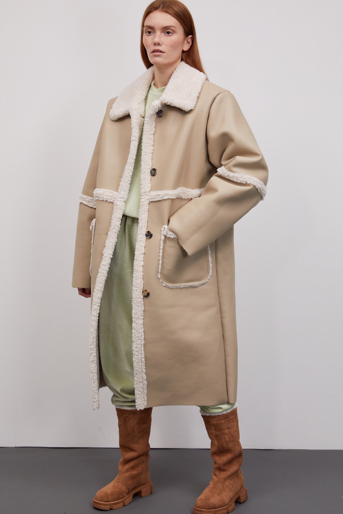 Oversized Shearling-Trimmed Coat, Toast