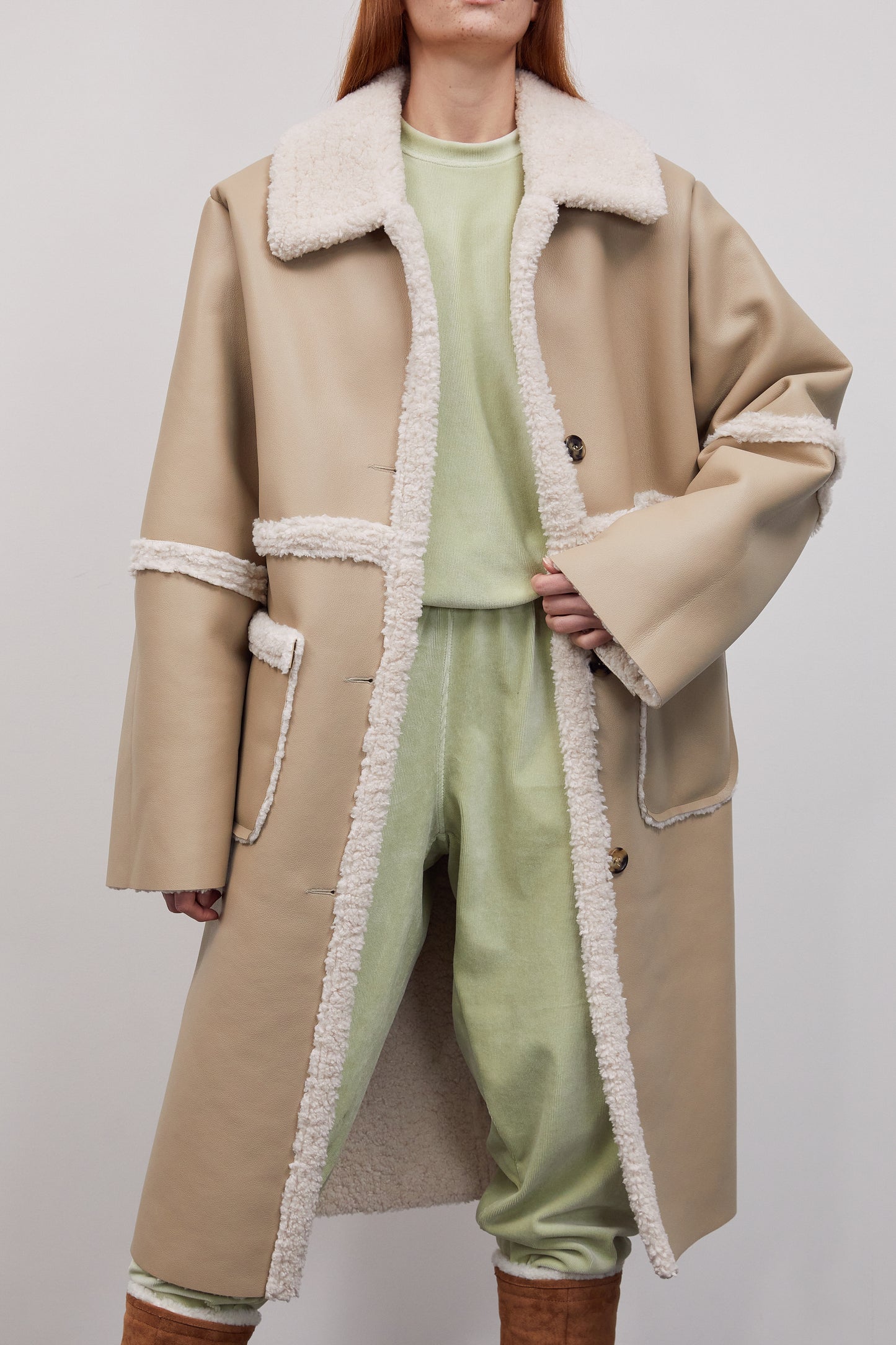 Oversized Shearling-Trimmed Coat, Toast