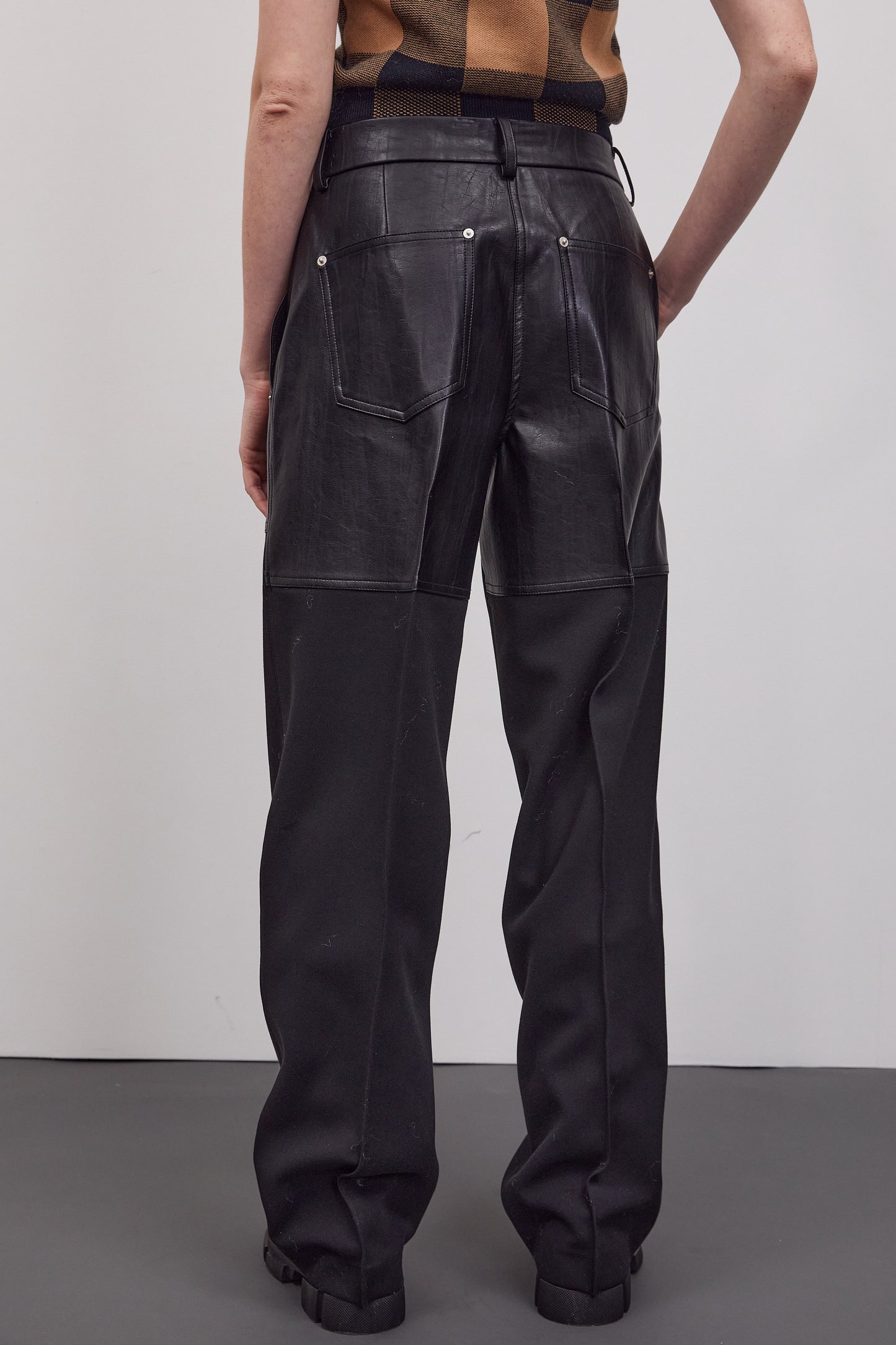 Leather-Paneled Wide Trousers, Black