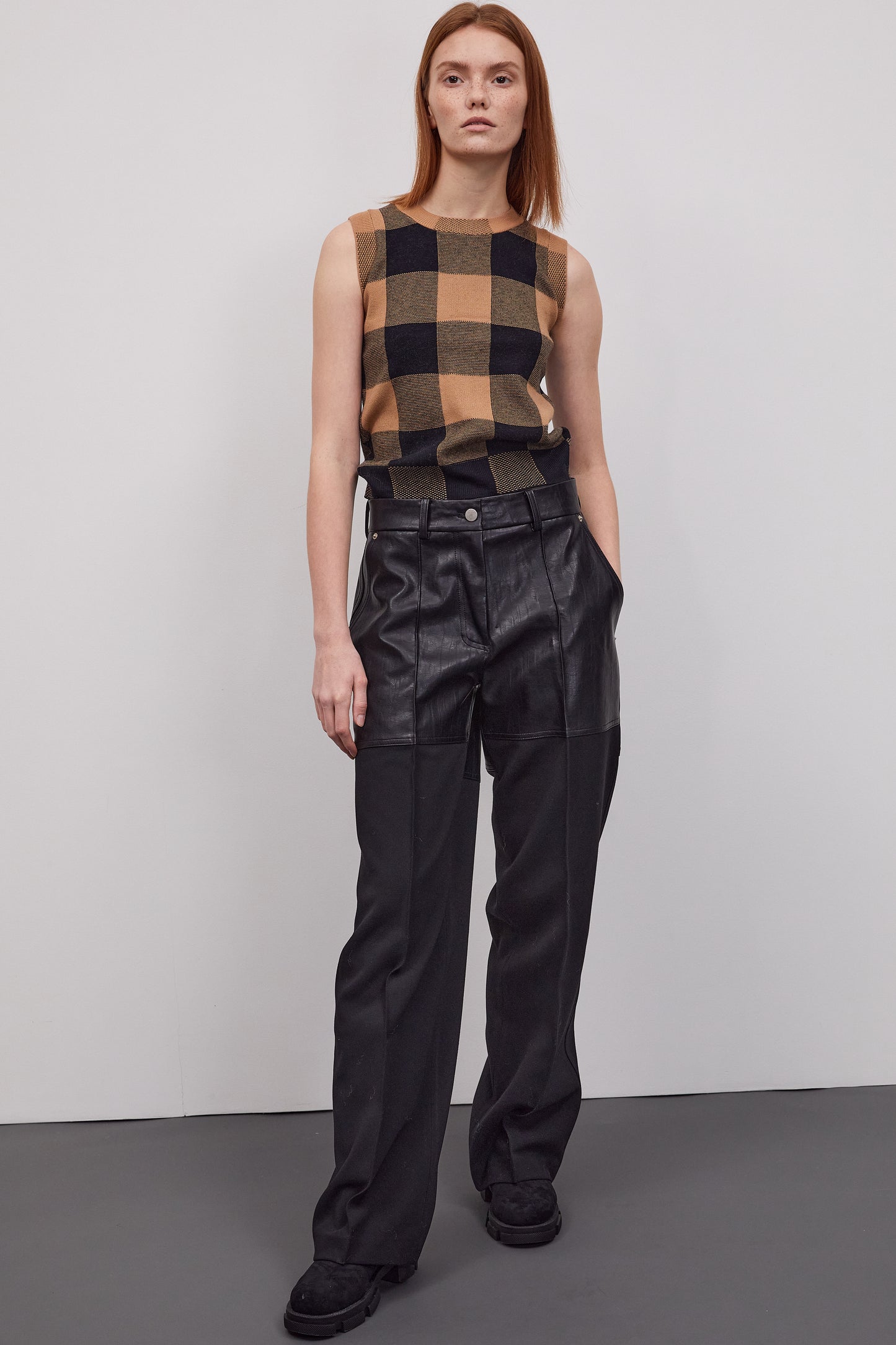 Leather-Paneled Wide Trousers, Black