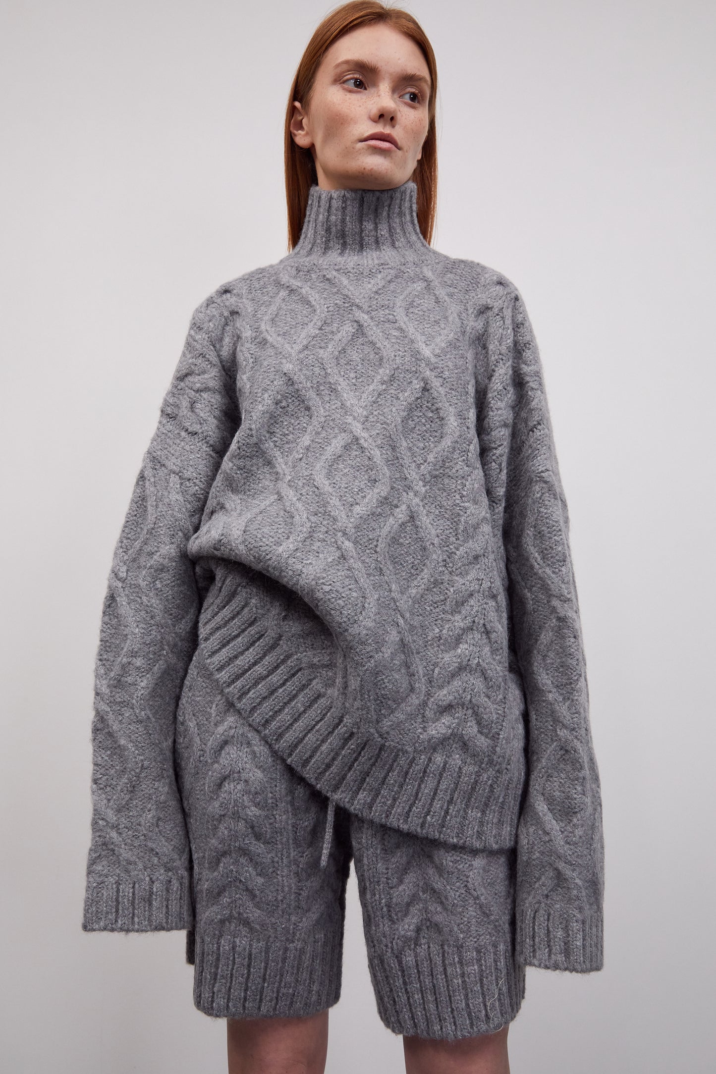 Cable-Knit Turtleneck Sweater And Shorts Set, Winter Grey