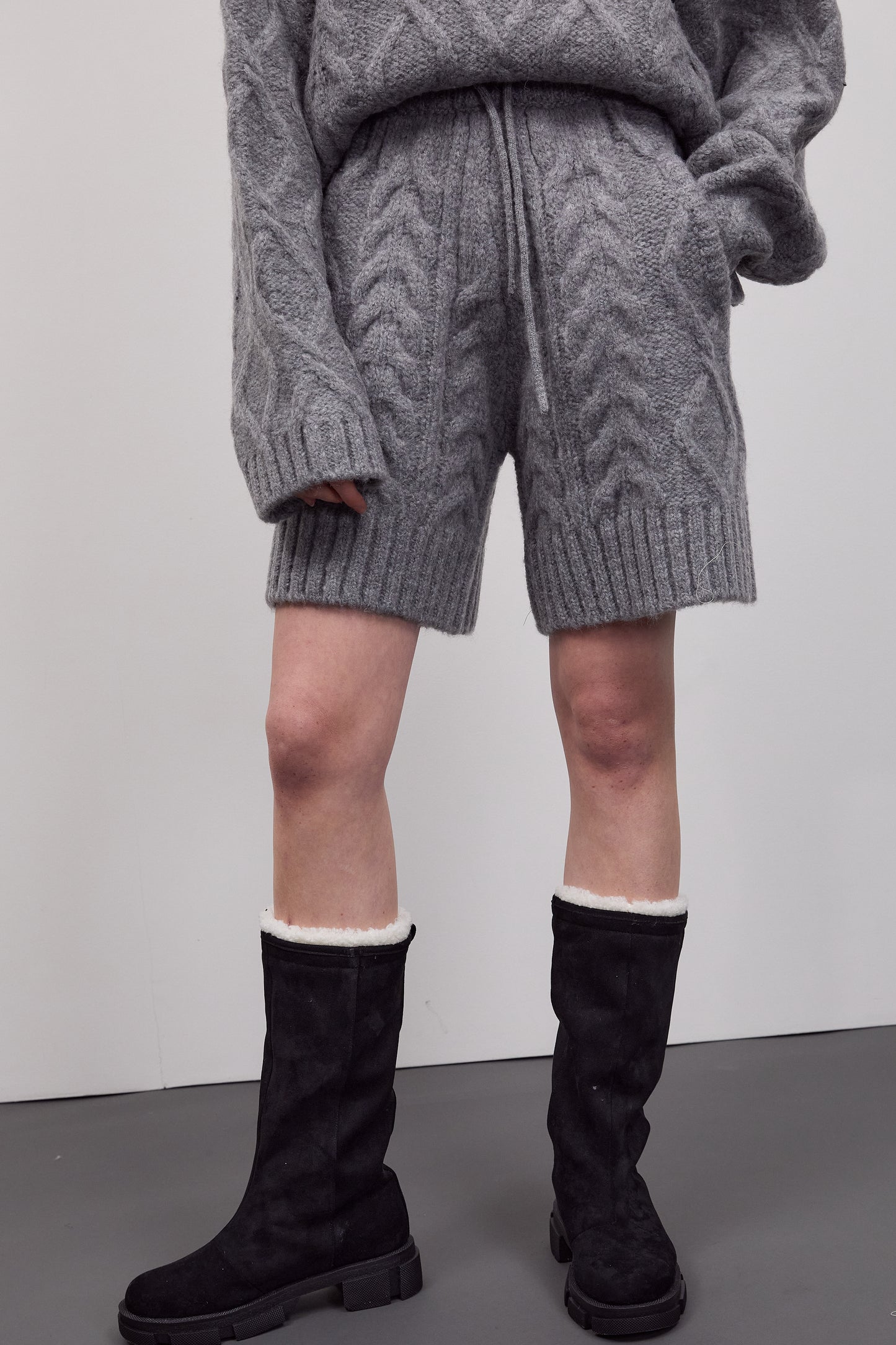 Cable-Knit Turtleneck Sweater And Shorts Set, Winter Grey