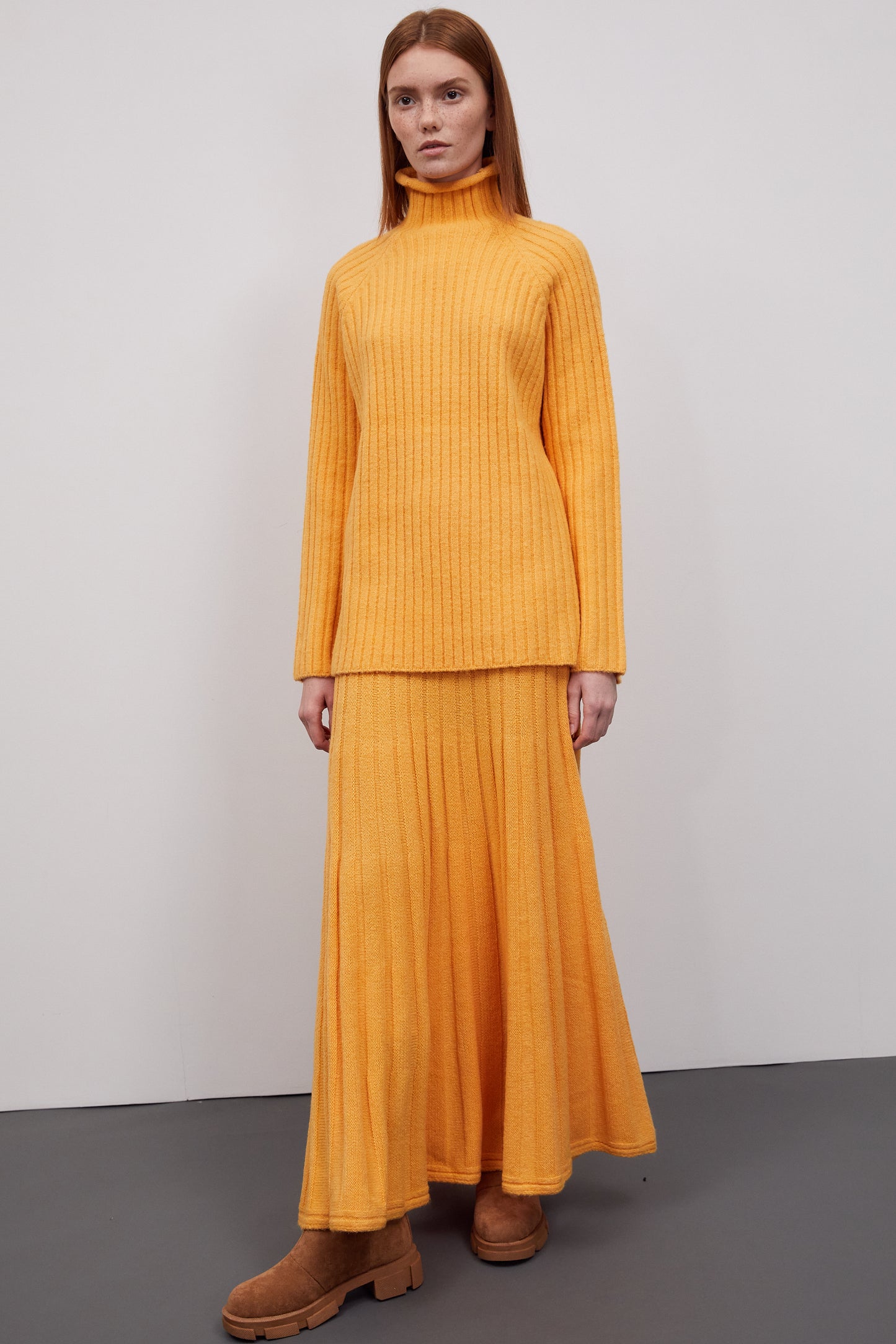 Roll Neck Rib Sweater And Knitted Maxi Skirt Set, Tangerine
