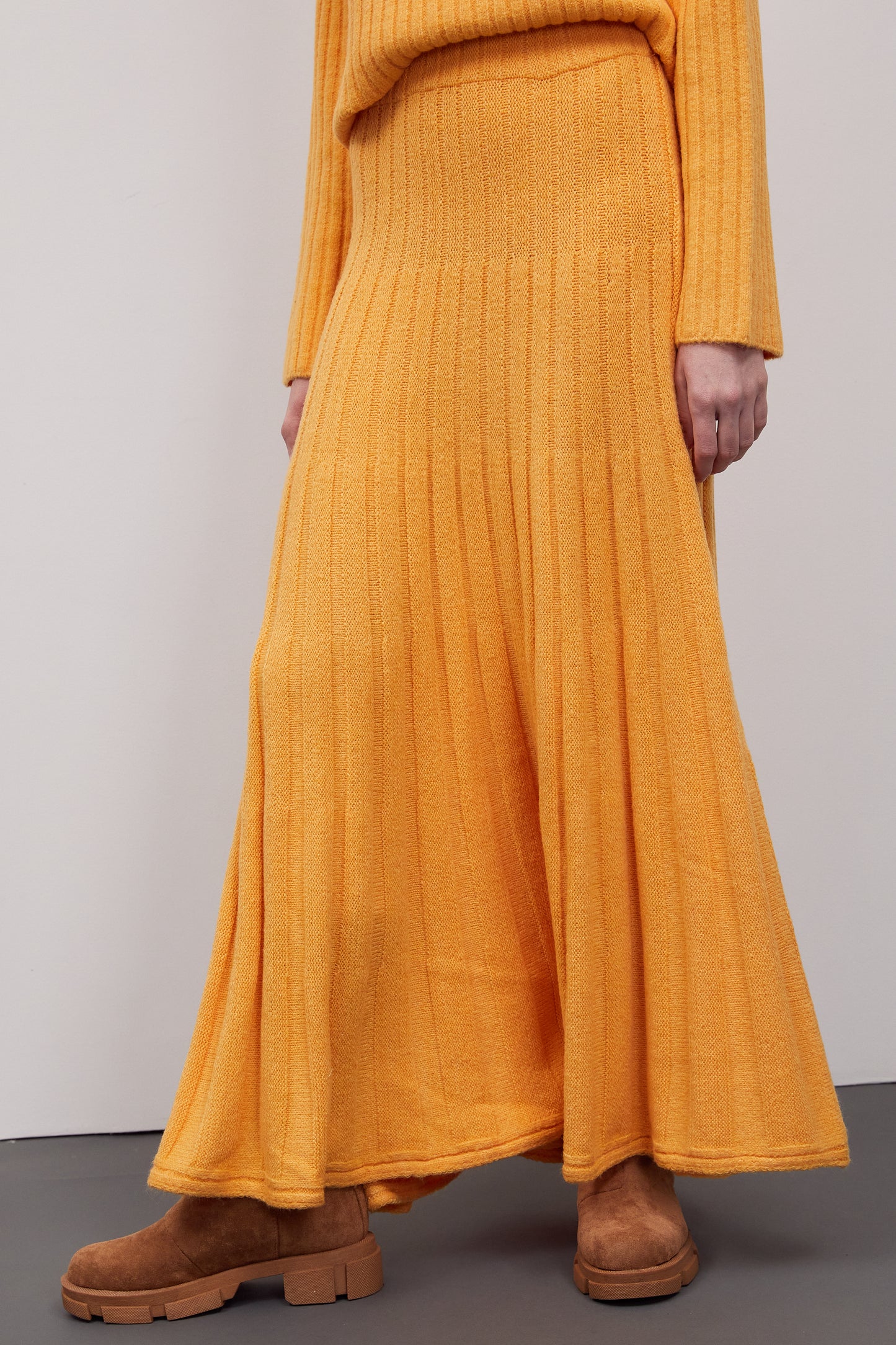 Roll Neck Rib Sweater And Knitted Maxi Skirt Set, Tangerine