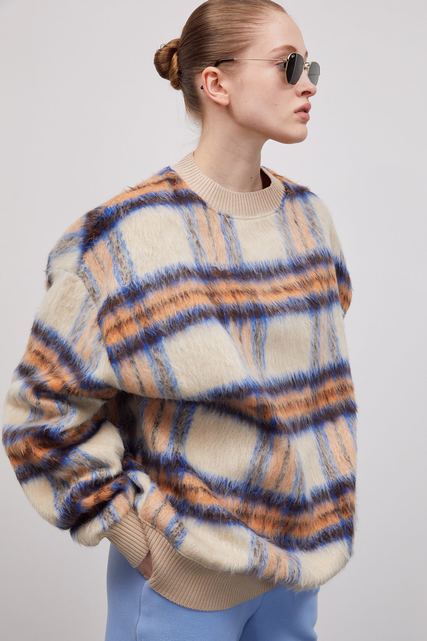 Checker Wool-Blend Oversized Sweatshirt, Ivory