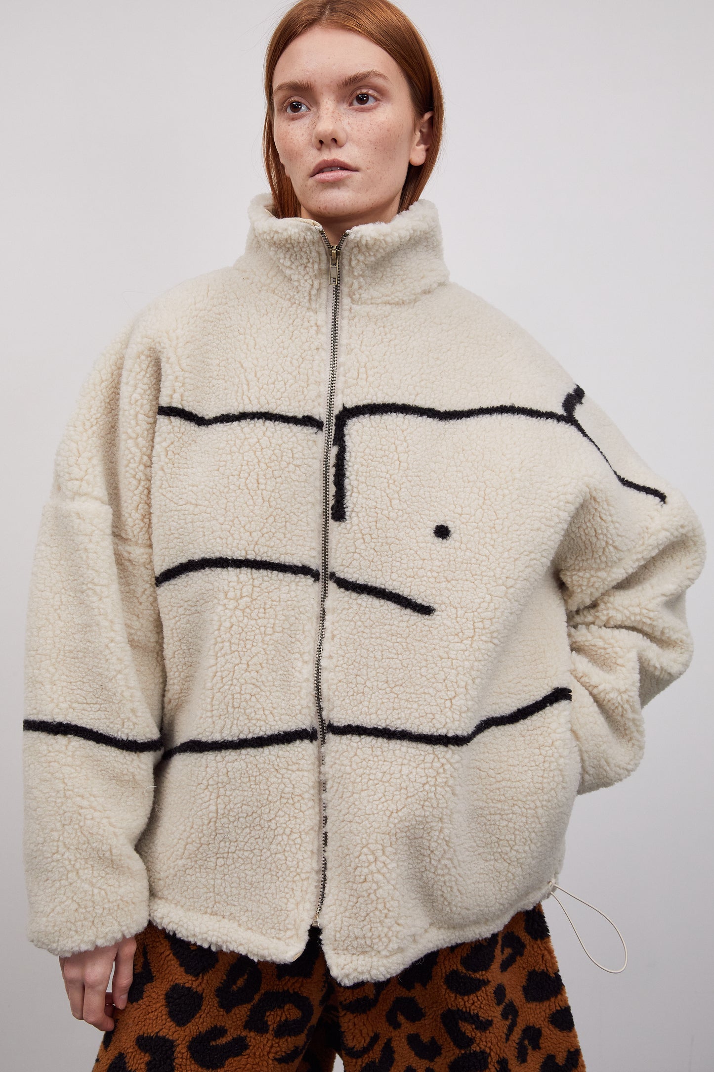 Oversized Drawing Fleece Jacket, Sand Beige