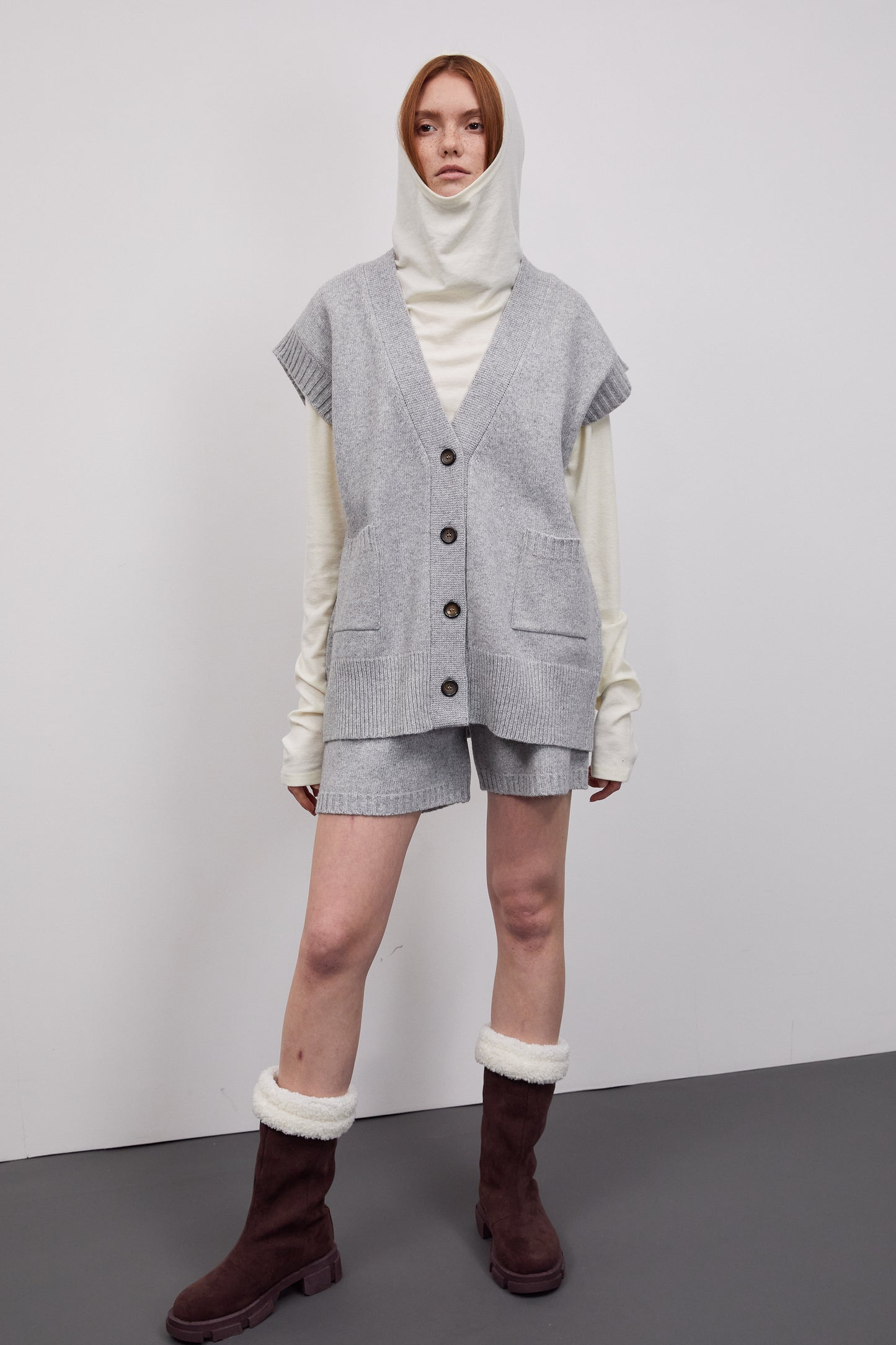 Knitted Vest And Shorts Set, Warm Grey