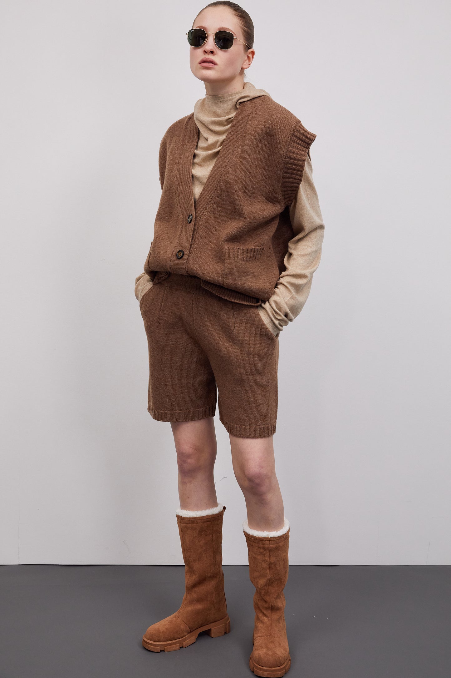 Knitted Vest And Shorts Set, Chocolate Brown