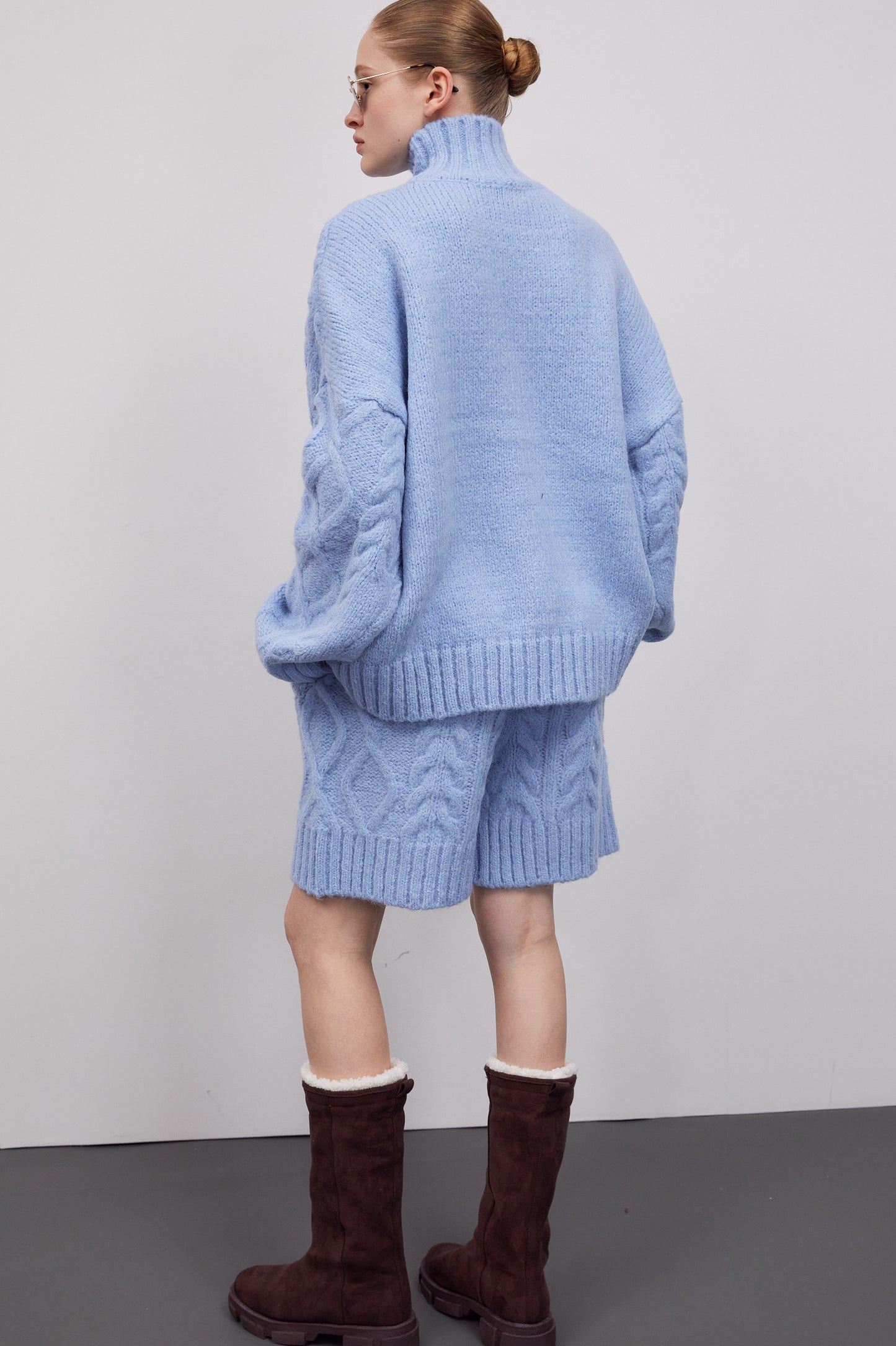 Cable-Knit Turtleneck Sweater And Shorts Set, Sky Blue